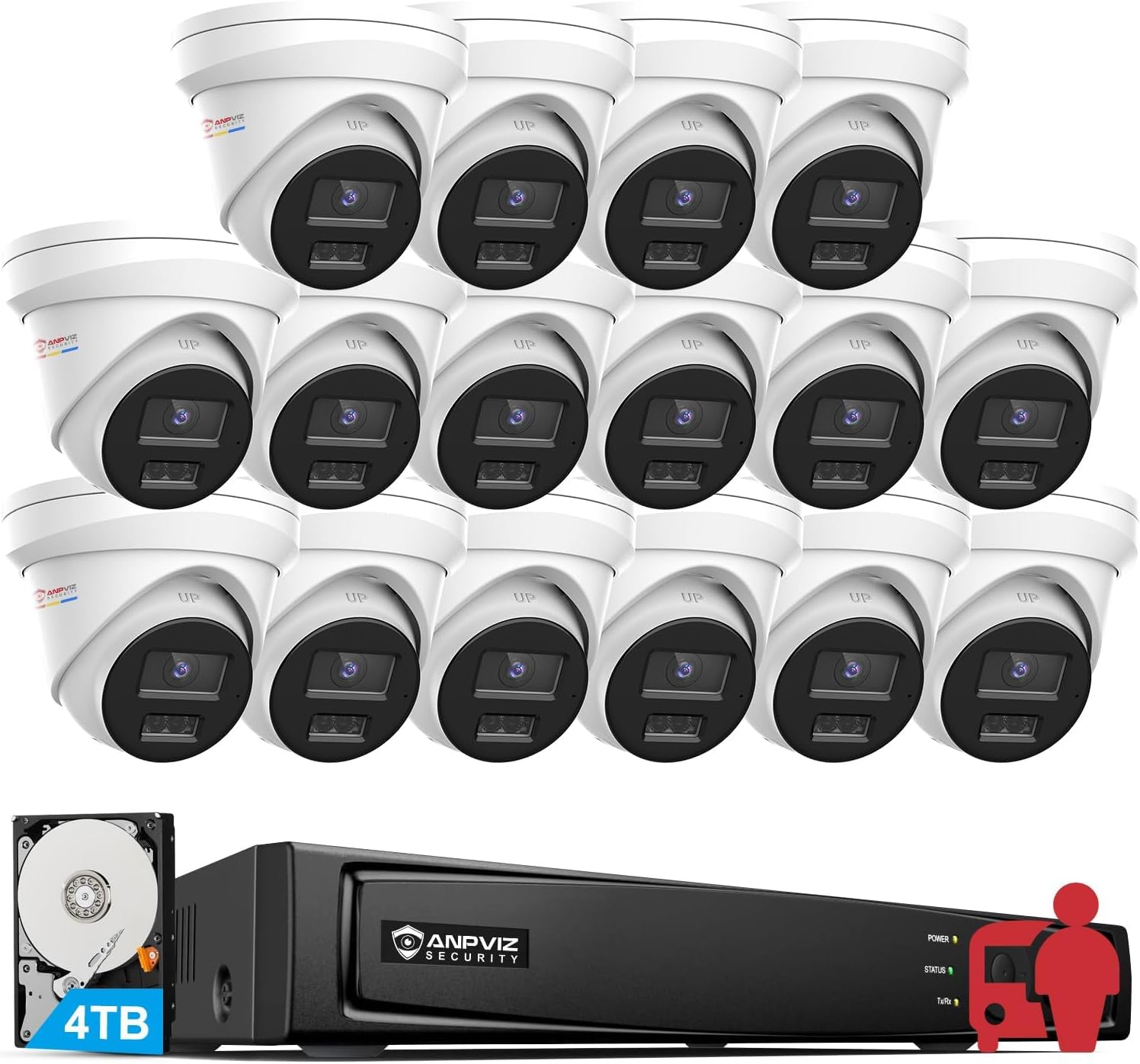 Anpviz 16CH 4K PoE Security Camera System Commercial, 16pcs H.265+ Wired 8MP IP Cameras Outdoor with Mic, Smart Color Night Vision, 12MP/8MP 16Channel PoE NVR with 4TB HDD for 24/7 Recording（H Series）