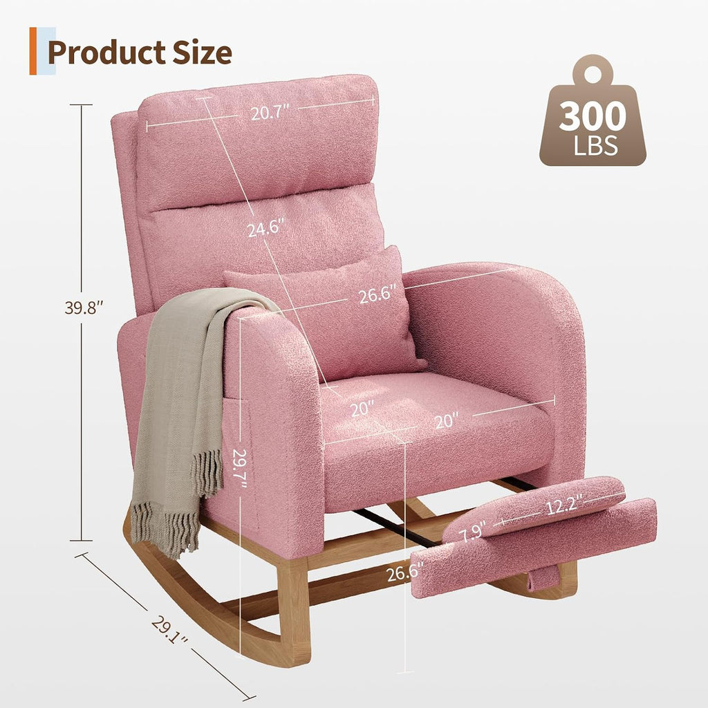 GarveeHome Rocking Chair, Modern Nursery Glider Chair with Side Pockets and Pillow, Rocker Chair for Living Room Bedroom Nursing Room, Pink