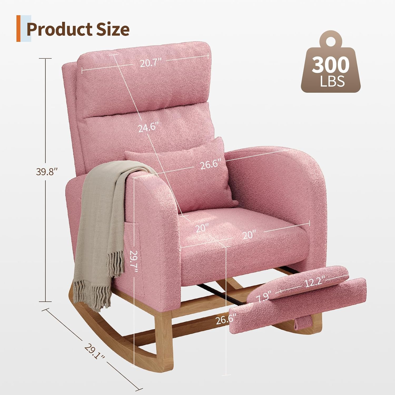 GarveeHome Rocking Chair, Modern Nursery Glider Chair with Side Pockets and Pillow, Rocker Chair for Living Room Bedroom Nursing Room, Pink