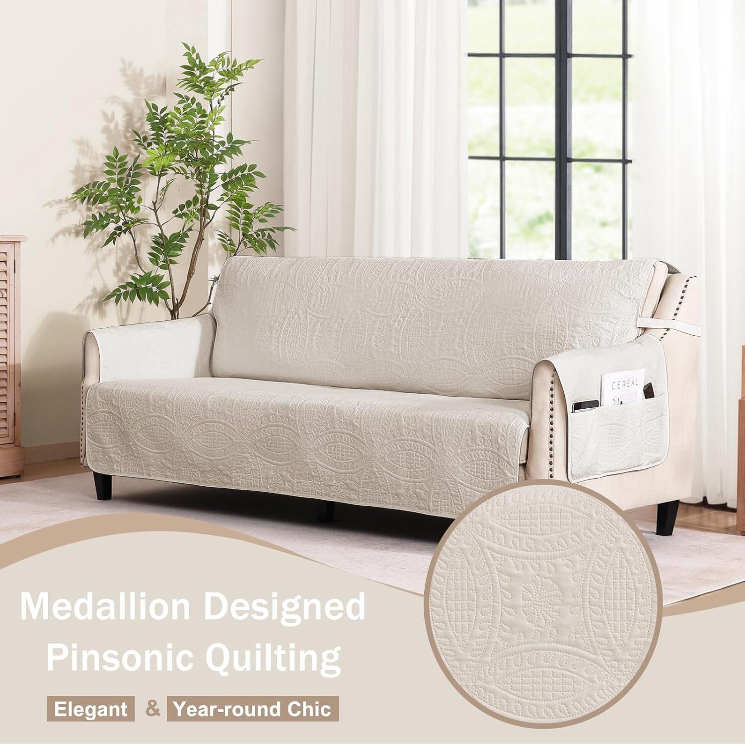 Quilted Grand Sofa Covers for 4 Cushion Couch, Couch Cover for Grand Sofa Washable, Soft Cozy Couch Protector, Oversized Grand Sofa Slipcovers Water-Repellent (Grand Sofa 98', Beige Cream)