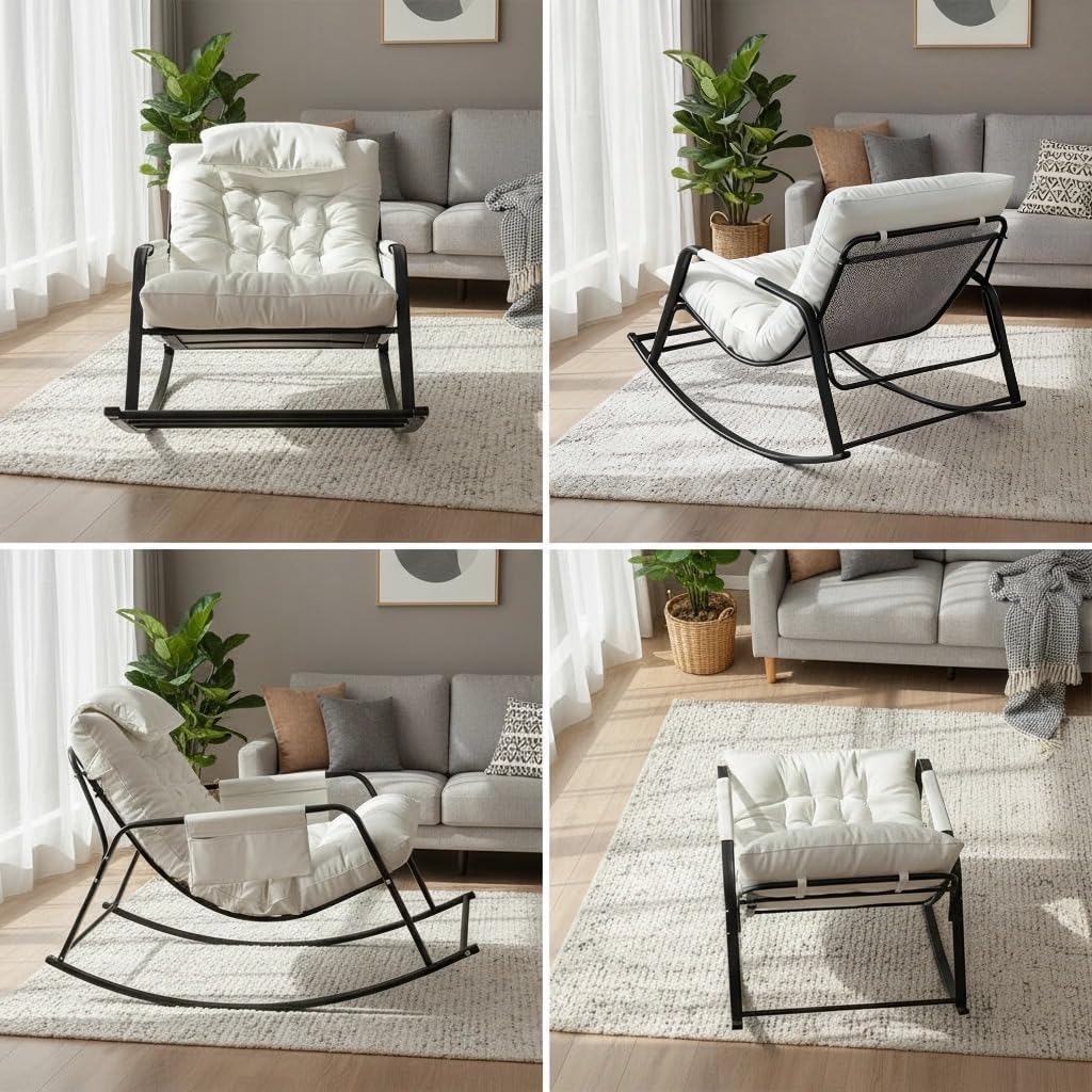 Oversized Padded Rocking Chair with Cushioned Seat, Ergonomic Design, Durable Metal Frame, for Indoor and Outdoor, Living Room, Bedroom, Porch, Patio, Garden