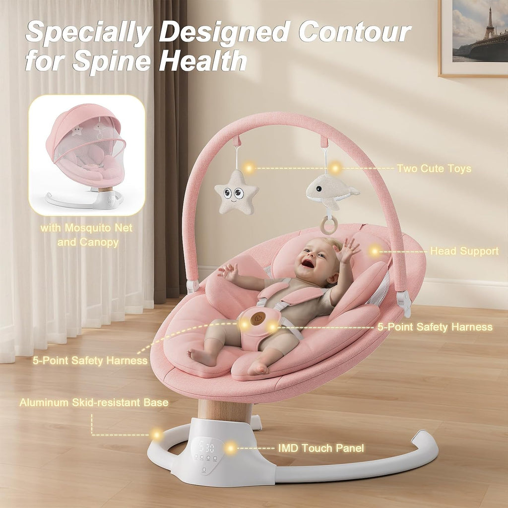 Baby Swings for Infants, FasonBaby Electric Baby Swing with 10 Preset Melodies, 5 Speeds, Remote Control and Bluetooth - Portable Infant Swing for Indoor and Outdoor(Pink)