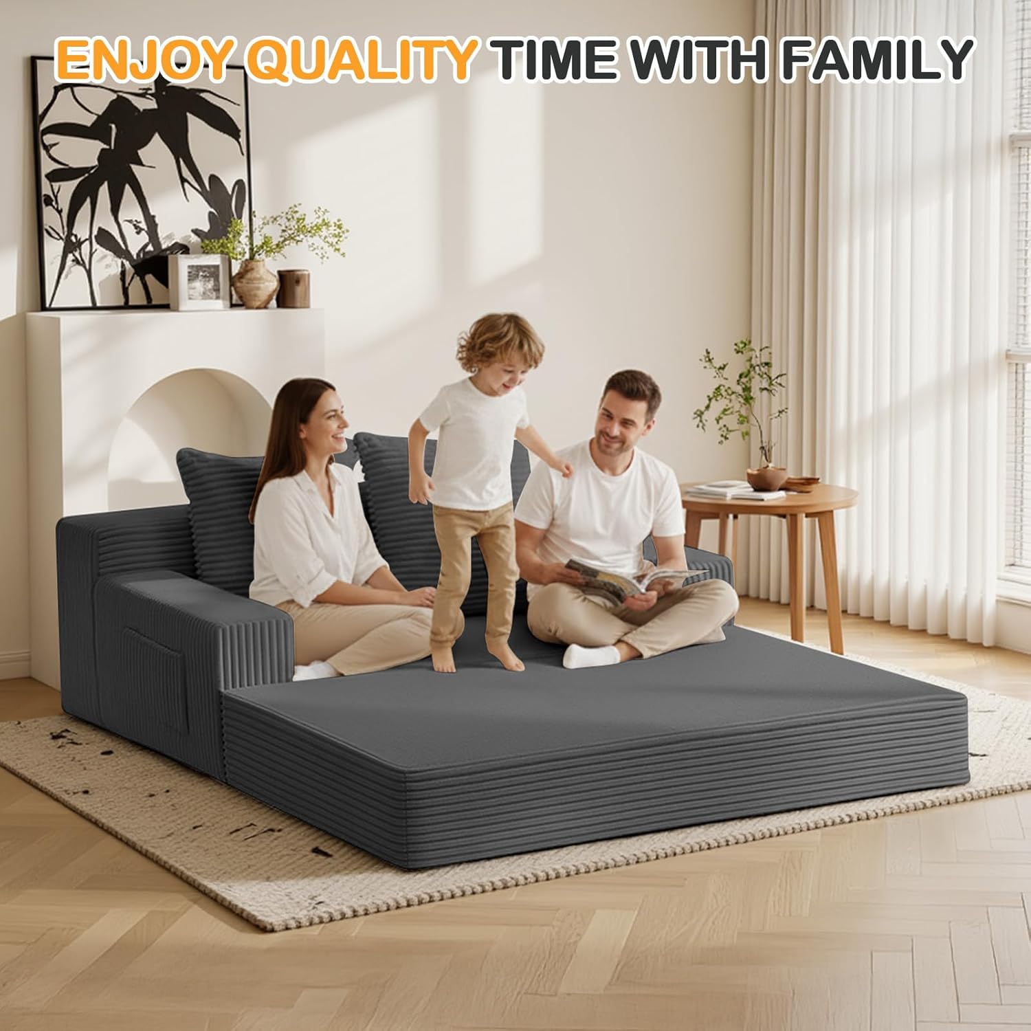Erament Convertible Sofa Bed, Loveseat Folding Floor Futon Sleeper Sofa Couch Bed- Boneless Foldable Couch, Corduroy Pull Out Sofa Bed with 2 Pillows for Living Room & Bedroom