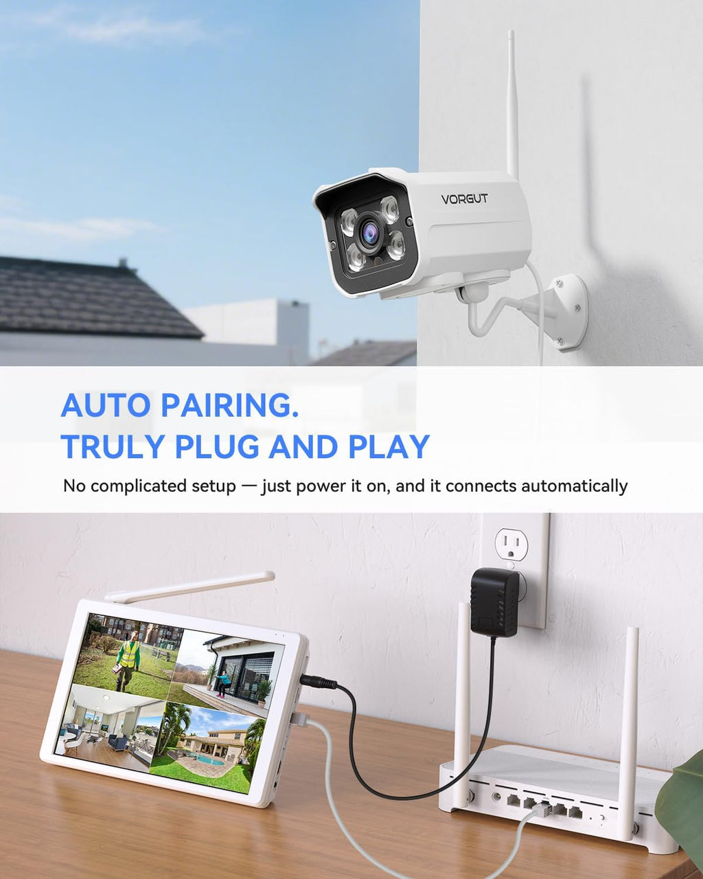 Wireless Security Camera System with 10' LCD Monitor, 2PCS 3MP Bullet Outdoor Camera Metal Shell for Home Surveillance, 10CH NVR with 500G HDD, 24/7 Record,Human Detection,No Monthly Fee