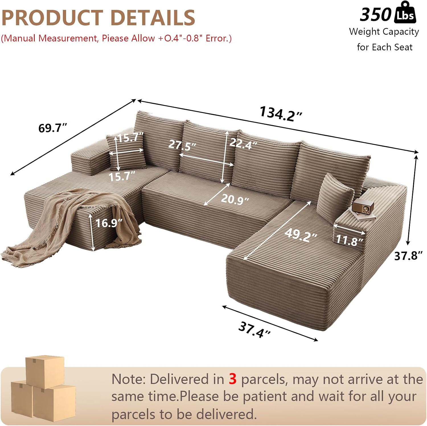 134.2' Modular Sectional Sofa, Modern Corduroy Cloud Couch with Deep Seat, Boneless Couch Upholstered 4-Seater U-Shaped Sofa for Living Room, No Assembly Required (Camel)
