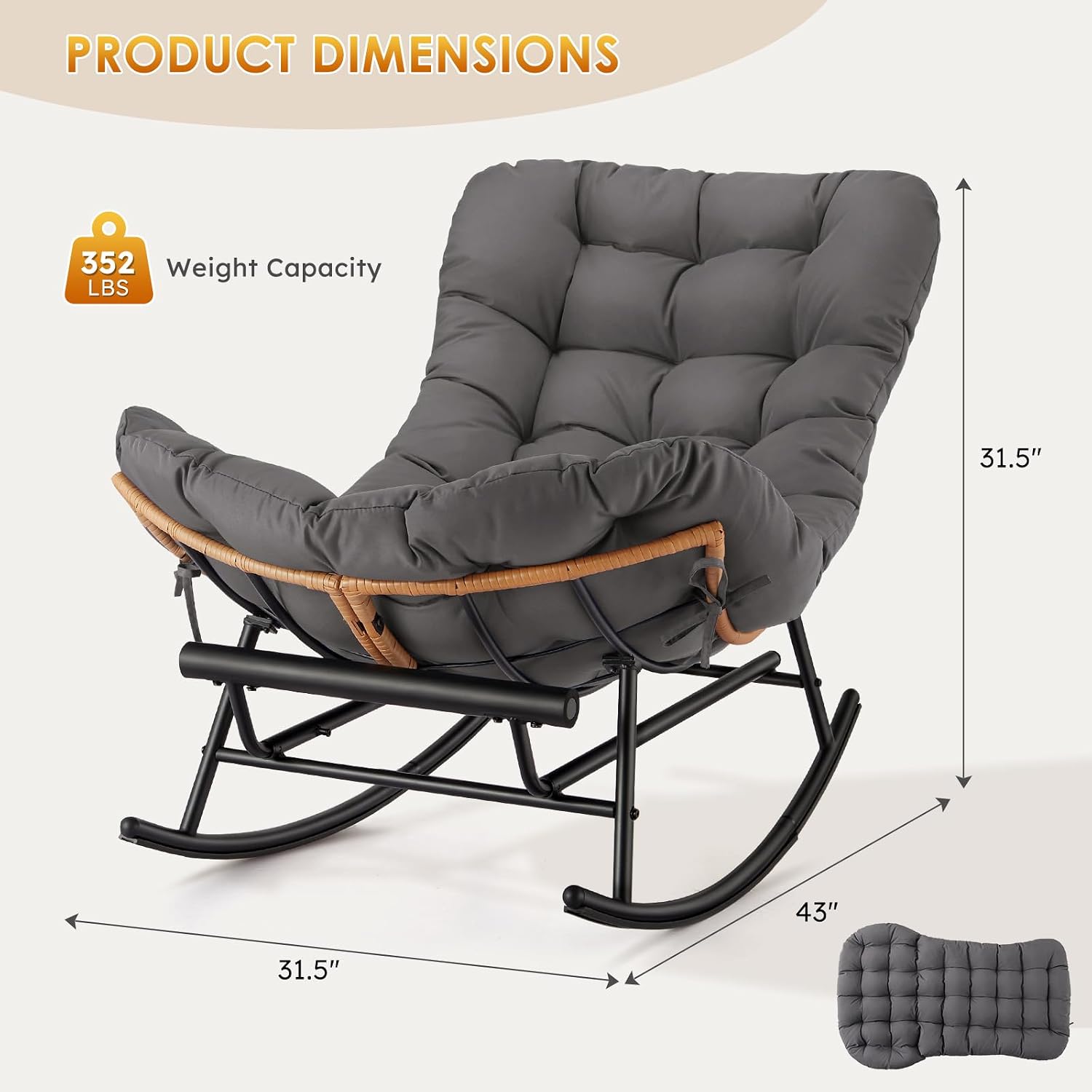 IDEALHOSUE Papasan Rocking Chair with Foot Rest, Ergonomic Papasan Chair with Thick Waterproof Cushion, Metal Frame & PE Rattan Lounge Chairs for Living Room Bedroom Relaxation Space