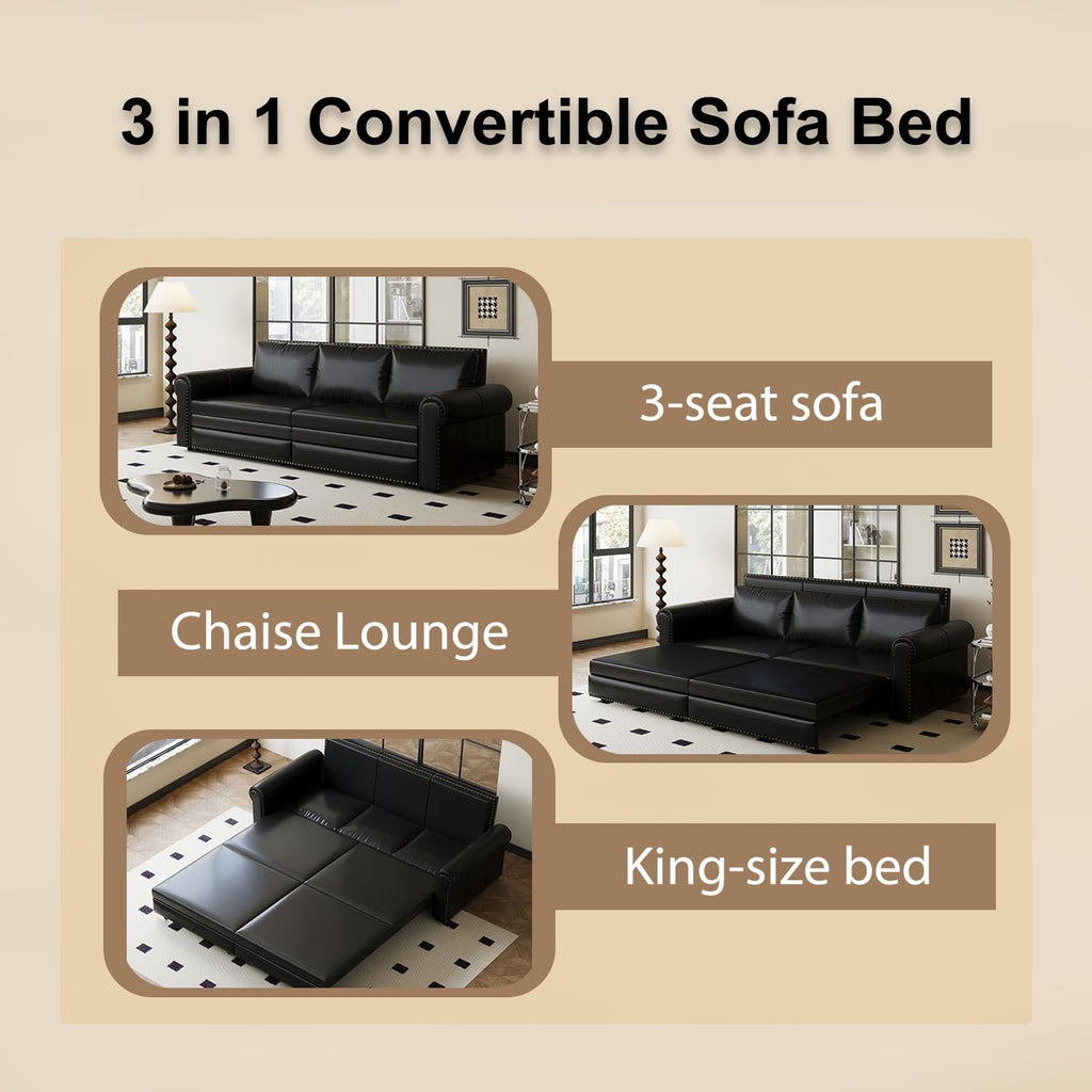 Eafurn 93.7' King Size Pull Out Sofa Bed, 3-in-1 Convertible Sleeper Sofa Couch Bed with Nailhead Decor and Rolled Arms, Faux Leather Oversized Chesterfield Loveseat Chaise Lounge