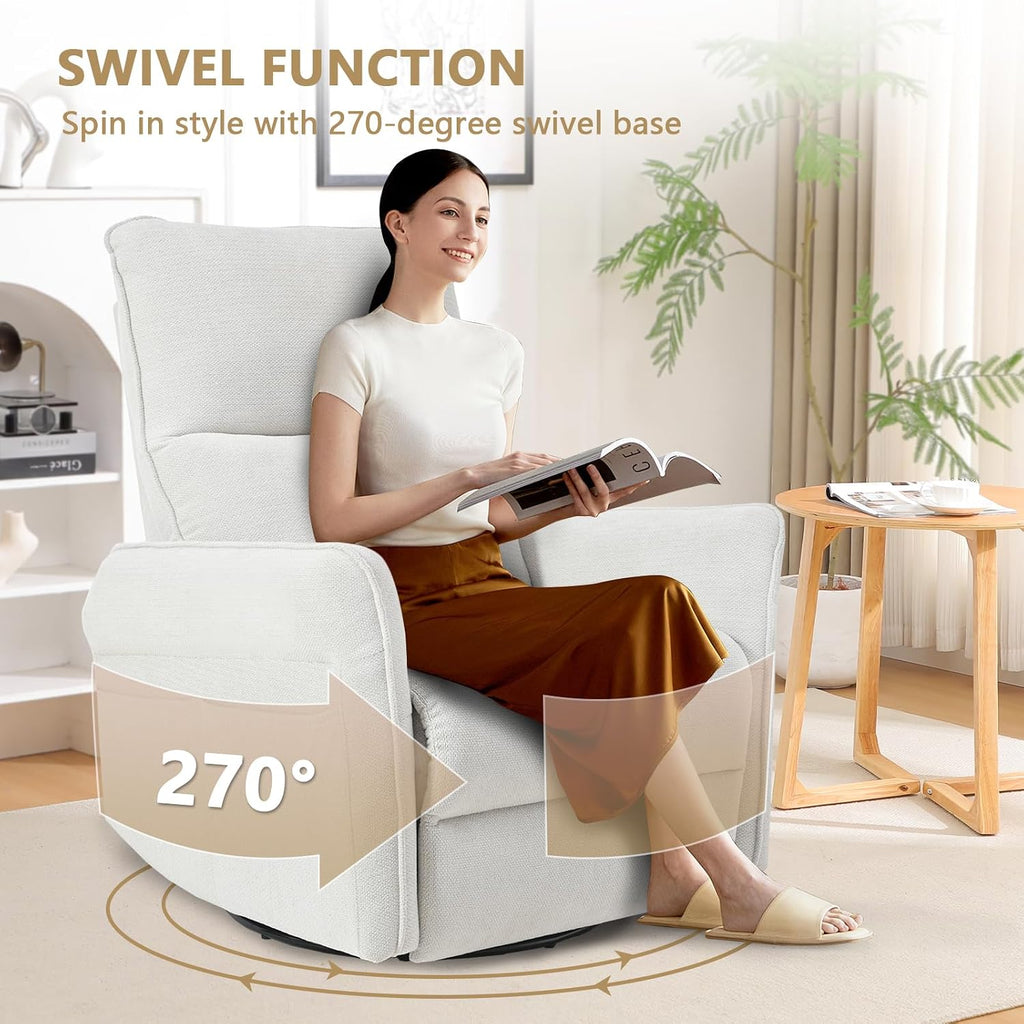 cinkehome Swivel Rocker Recliner, Glider Rocker Recliner Chair for Nursery, Overstuffed Manual Reclining Chair for Small Spaces, Living Room, Beige Snowflake Fleece