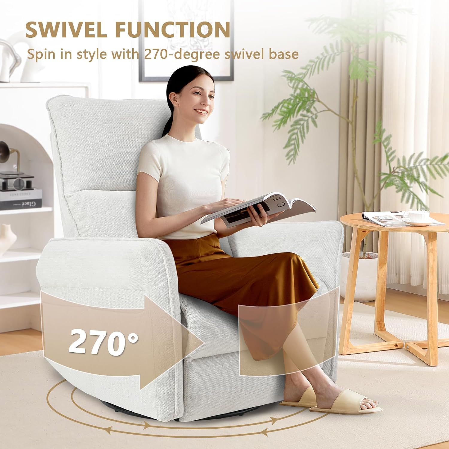 cinkehome Swivel Rocker Recliner, Glider Rocker Recliner Chair for Nursery, Overstuffed Manual Reclining Chair for Small Spaces, Living Room, Beige Snowflake Fleece