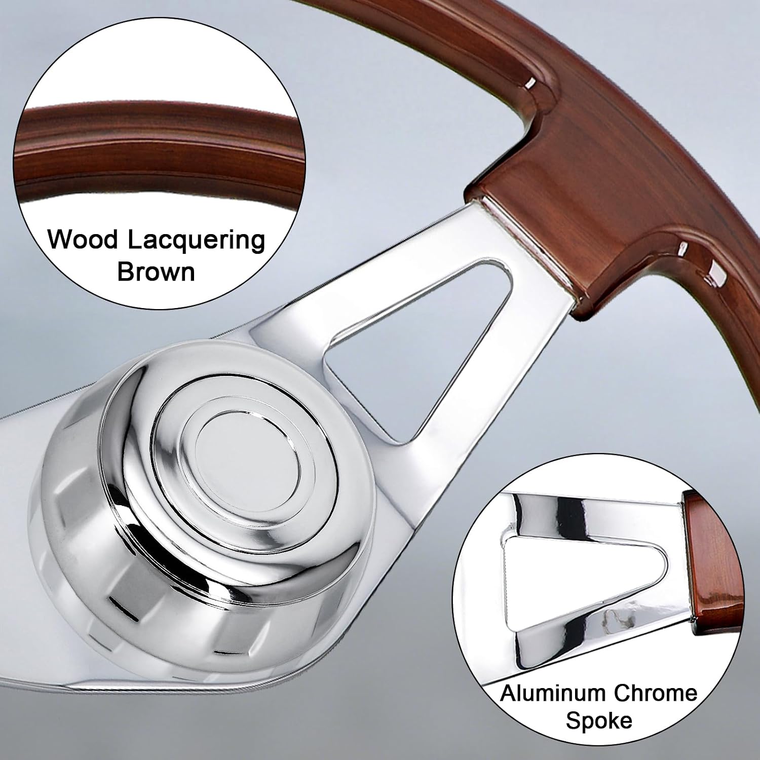 Sorghum 18' Solid Wood Steering Wheel - 2 Spokes Aluminum Chrome Classic Steering Wheel with Horn Button for Semi-Trailers Trucks Compatible with Mack Kenworth Peterbilt Volvo Freightliner