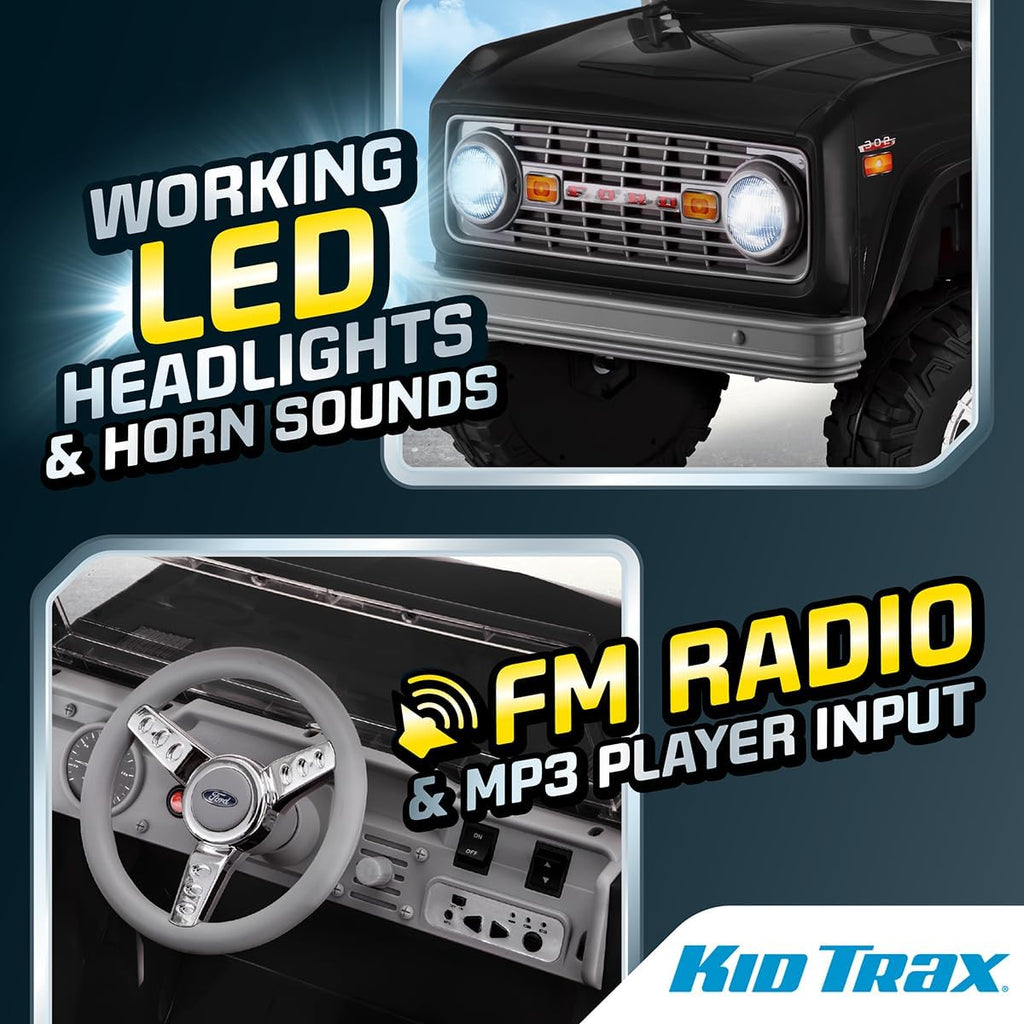 Kid Trax 6V Ford Bronco Ride-On Toy for Ages 3-5, Battery Powered, LED Headlights, FM Radio, MP3, Horn Sounds, Max Weight 60 lb, Electric Car for Kids, Kids Ride On Toys, Truck, SUV, Black, No Remote