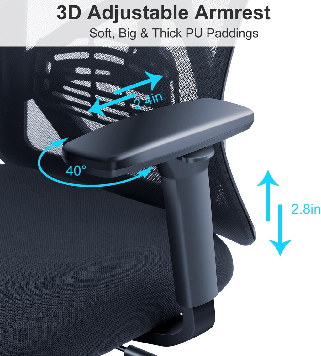 Ticova Ergonomic Office Chair - High Back Desk Chair with Adjustable Lumbar Support & 3D Armrest - 130°Reclining & Rocking Mesh ComputerChair with Thick Seat Cushion & Rotatable Headrest
