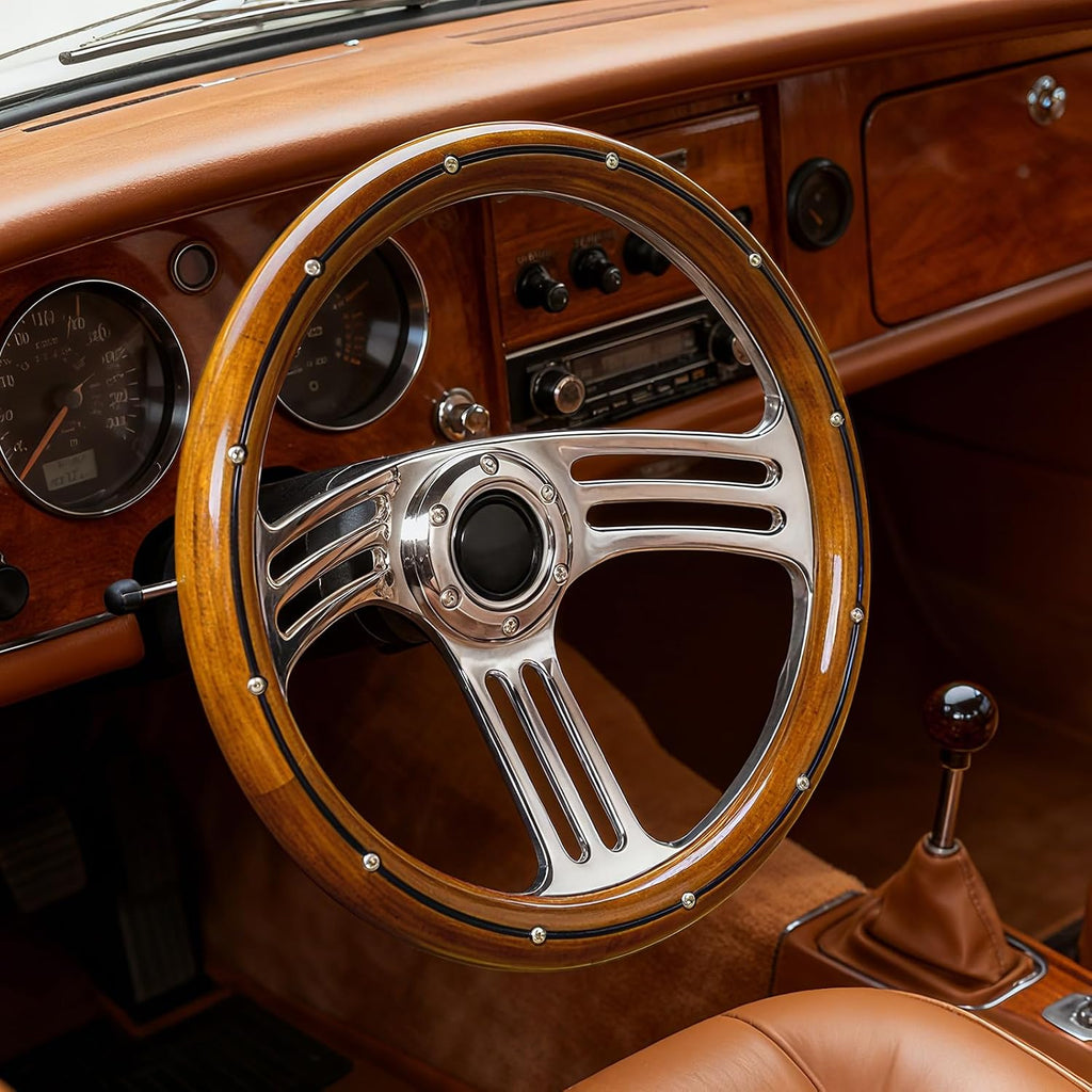 14inch Solid Wood Steering Wheel 350mm Chrome-Plated Aluminum Alloy Spokes, Real Wood Grip, 6-Bolt 3 Spoke Fit for Cars,Vintage Car Classic Car – 70mm Deep Dish Universal Steering Wheel