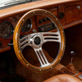 14inch Solid Wood Steering Wheel 350mm Chrome-Plated Aluminum Alloy Spokes, Real Wood Grip, 6-Bolt 3 Spoke Fit for Cars,Vintage Car Classic Car – 70mm Deep Dish Universal Steering Wheel