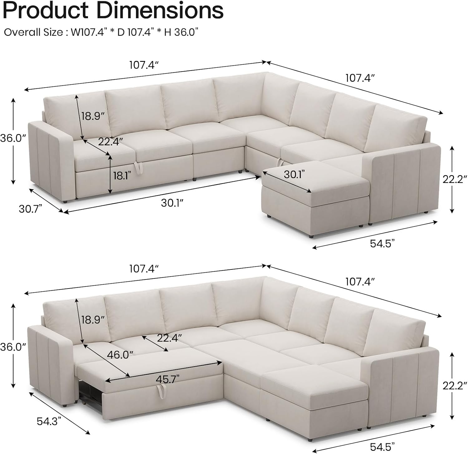Belffin Modular Sectional Sofa with Sleeper Sofa Couch Pullout Bed, Oversized U Shaped Sleeper Sectional Couch with Storage Seat for Living Room, Beige