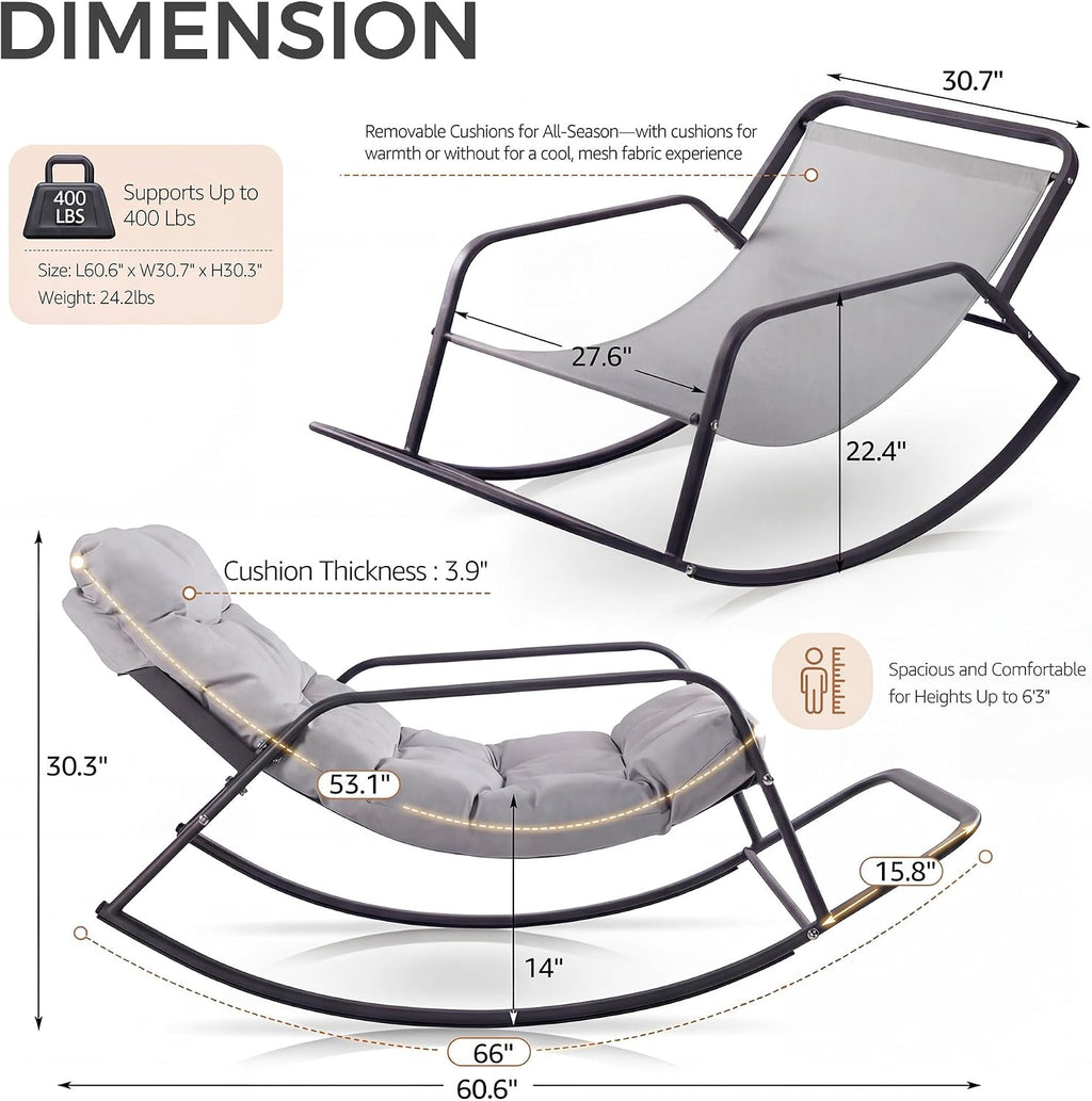 NICESOUL Set of 2 Outdoor Papasan Rocking Chair with Footrest, Oversized Patio Rocker with Cushion, Heavy Duty Steel Frame, Large Comfortable Rocking Lounge Chair for Backyard Balcony, Grey