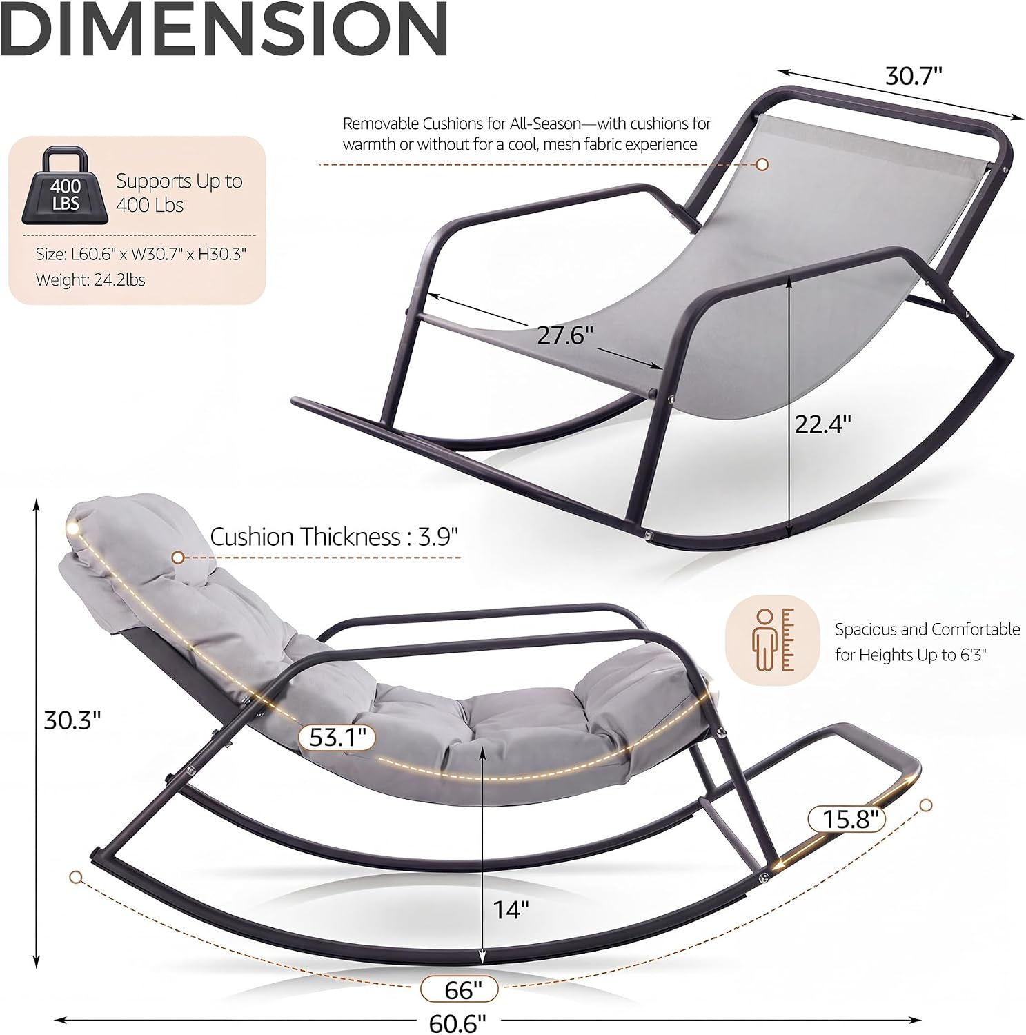 NICESOUL Outdoor Papasan Rocking Chair for Adults with Footrest, Oversized Patio Rocker with Cushion, Heavy Duty Steel Frame, Large Comfortable Rocking Lounge Chair for Backyard Balcony, Grey
