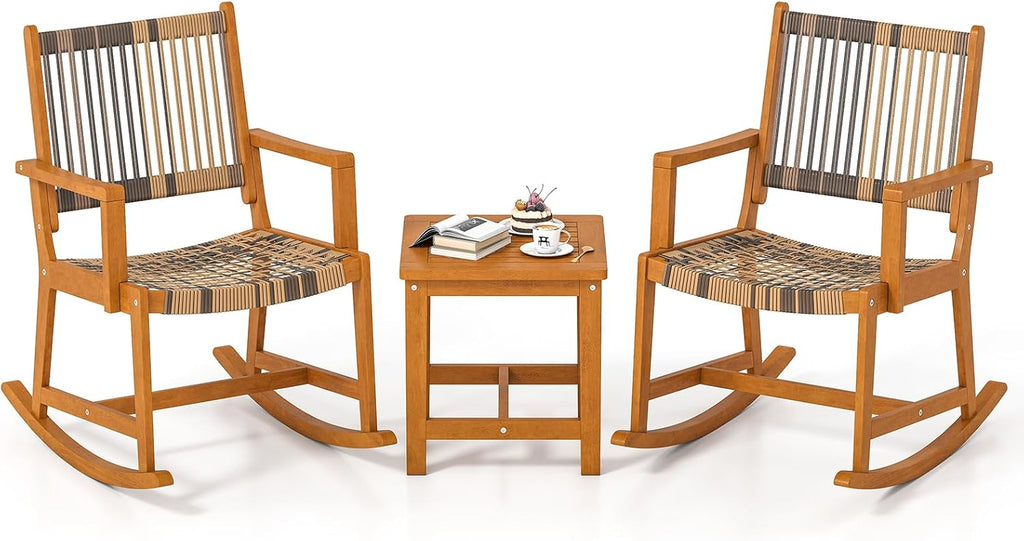Tangkula 3 Piece Patio Rocking Set, Acacia Wood Rocker Bistro Set w/Rattan Seat & Back, 2 Outdoor Armchairs w/Square Side Table for Porch, Balcony, Backyard