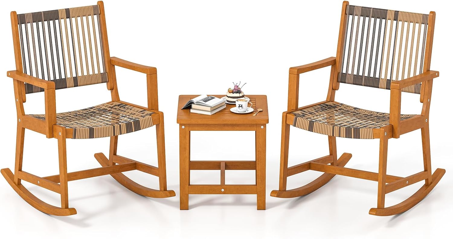 Tangkula 3 Piece Patio Rocking Set, Acacia Wood Rocker Bistro Set w/Rattan Seat & Back, 2 Outdoor Armchairs w/Square Side Table for Porch, Balcony, Backyard