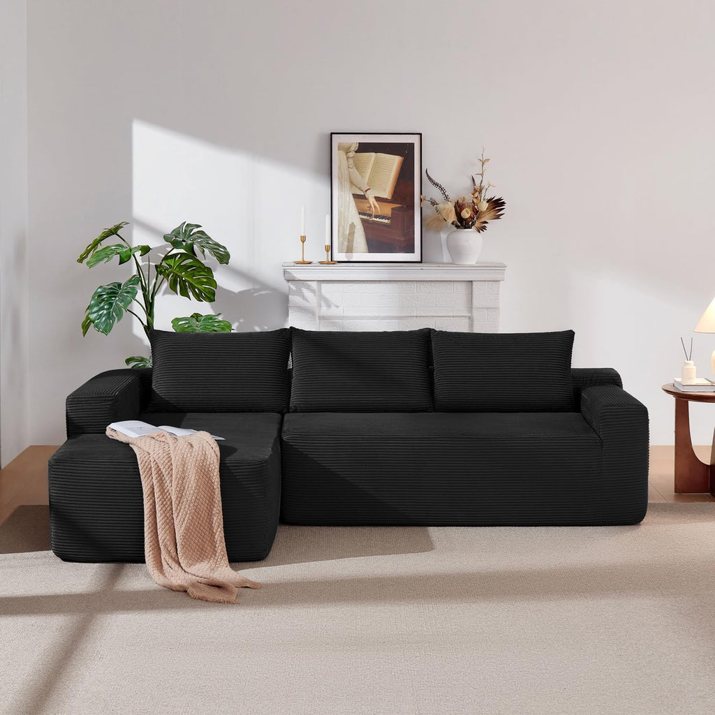 97' Cloud Couch Sectional, L Shaped Boneless Couch Sectional Couches for Living Room, Modern Comfy Corduroy Fluffy Modular Sofa with Deep Seat, No Assembly (Black, Left Facing Chaise)