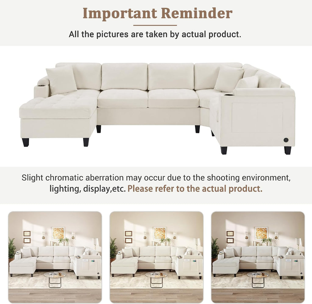 Merax 115.7' U-Shaped Chenille Sectional Sofa, 4 Seat Corner Couch Oversized with Built-in Cup Holders, 3 Pillows, Storage Space for Living Room, Beige