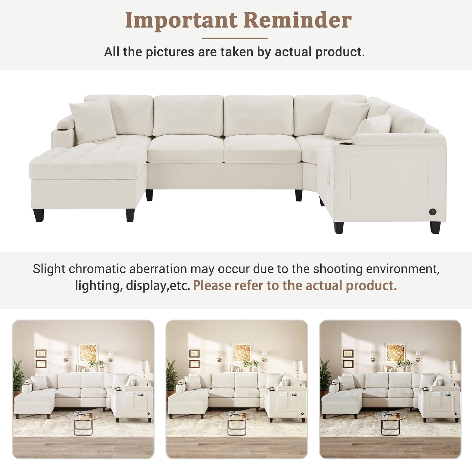 Merax 115.7' U-Shaped Chenille Sectional Sofa, 4 Seat Corner Couch Oversized with Built-in Cup Holders, 3 Pillows, Storage Space for Living Room, Beige
