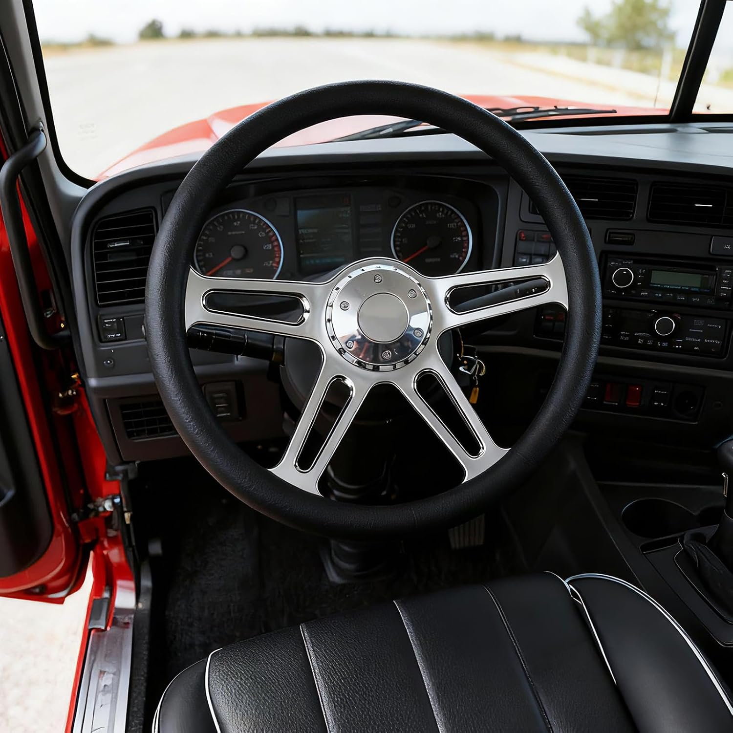 18' Truck Steering Wheel 5-Bolt 4-Spoke Design Chrome-Plated Aluminum Alloy,Deep Dish 50mm,Fit for Kenworth for Peterbilt for Freightliner for Volvo Trucks Steering Wheel (Black Leather Grip)