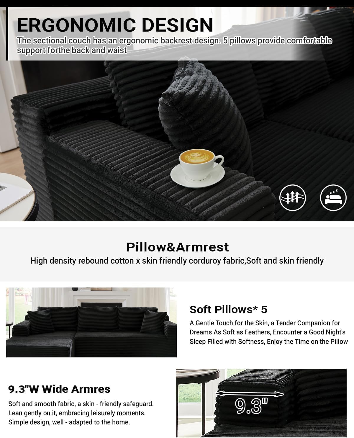 Cloud Couch Sectional, L Shaped Boneless Couch Sectional Couches for Living Room, Modern Comfy Corduroy Fluffy Modular Sofa with Deep Seat, No Assembly (Black, Left Facing Chaise)