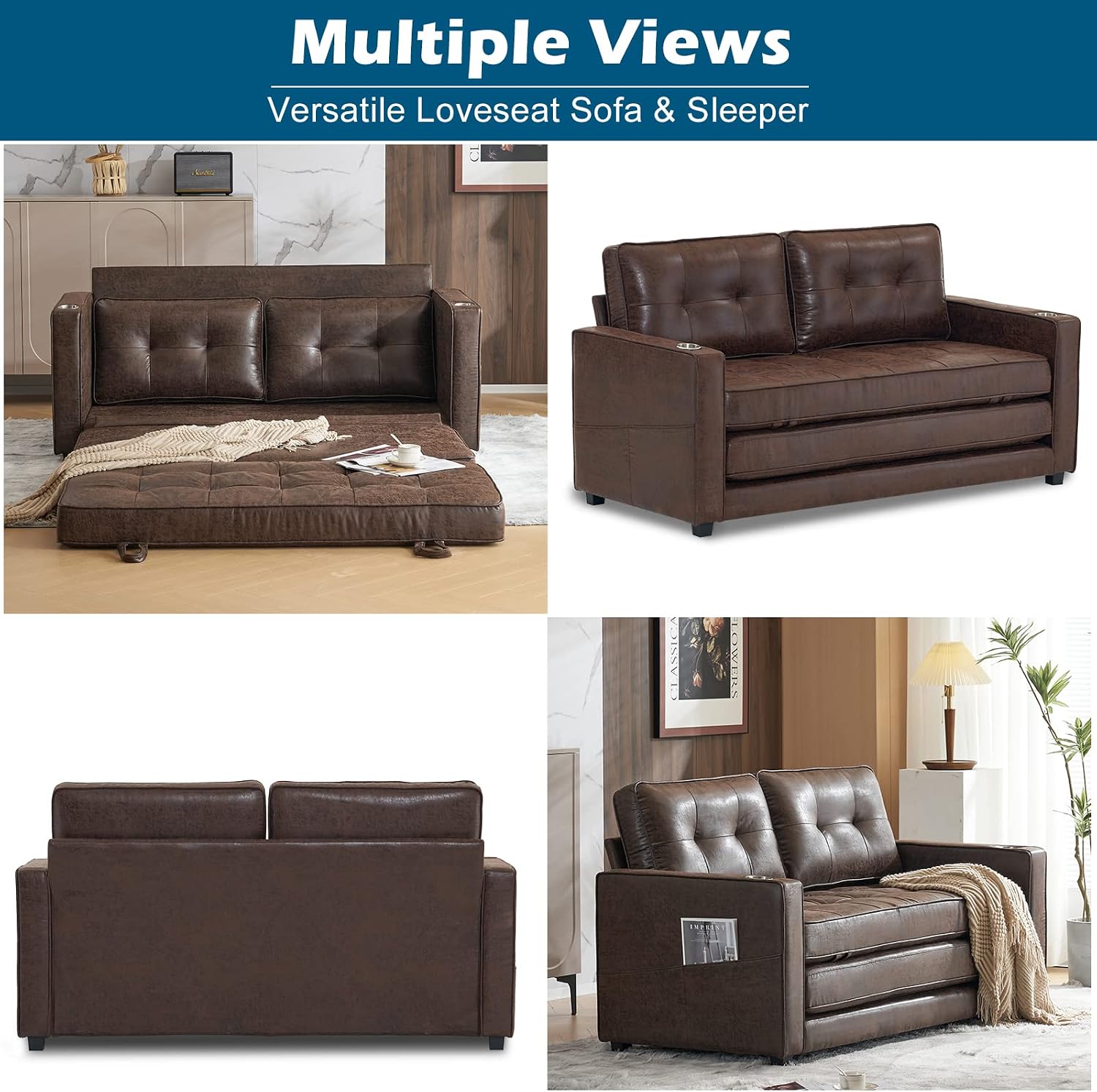 VINGLI Upgraded 64' W 84' L Full Size Futon Sofa Bed, 6' Thick Upholstery Rustic Microfiber Loveseat Sofa Sleeper Pull Out Couch,Convertible Floor Couch for Living Room, Bedroom, Entertainment Room