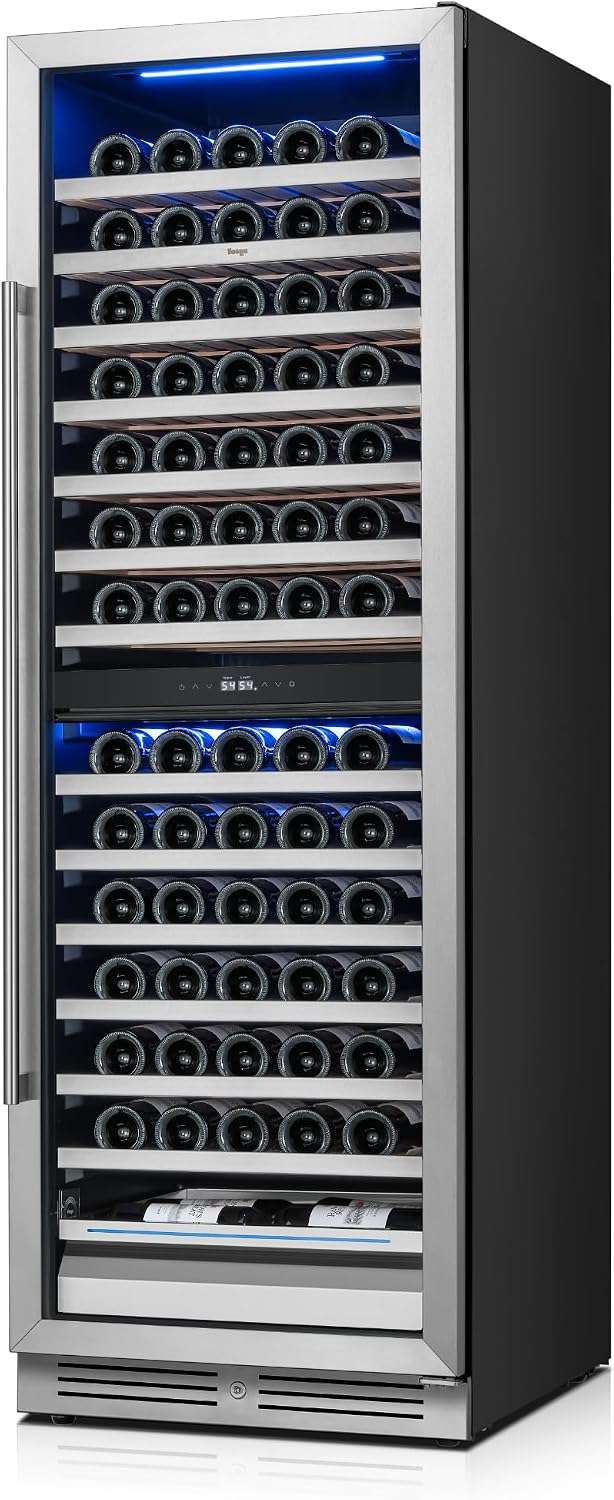 Yeego 24 Inch Wine Fridge – Wine Cooler Refrigerator 40°F-65°F, 304 Stainless Steel Glass Door Lock, Temp Memory Blue & White LED Built-in Fridge with Adjustable Shelves (154 Bottle)