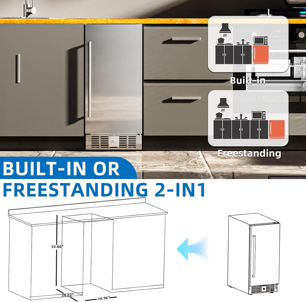 Antarctic Star 15 Inch Outdoor Beverage Refrigerator, 135 Can Stainless Steel Mini Fridge, Undercounter Built-in or Freestanding, Fast Cooling Low Noise Wine Cooler for Home Patio, 32-50°F