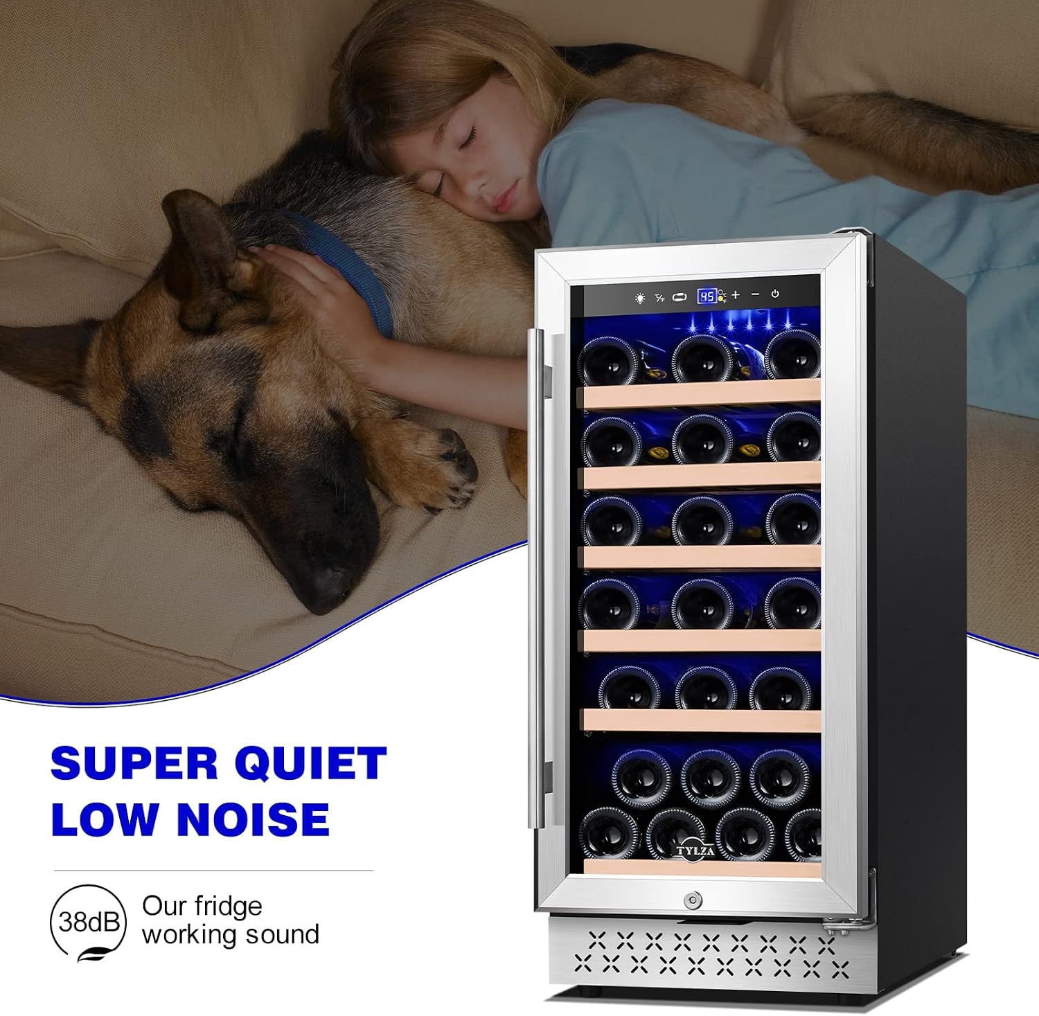 Tylza Wine Fridge 15'', 30 Bottles Wine Cooler Refrigerator, Undercounter or Freestanding, Removable Shelves, 40-65°F, Wine Cabinet with Double Glass Door, Wine Cooler for Home, Kitchen, Bar