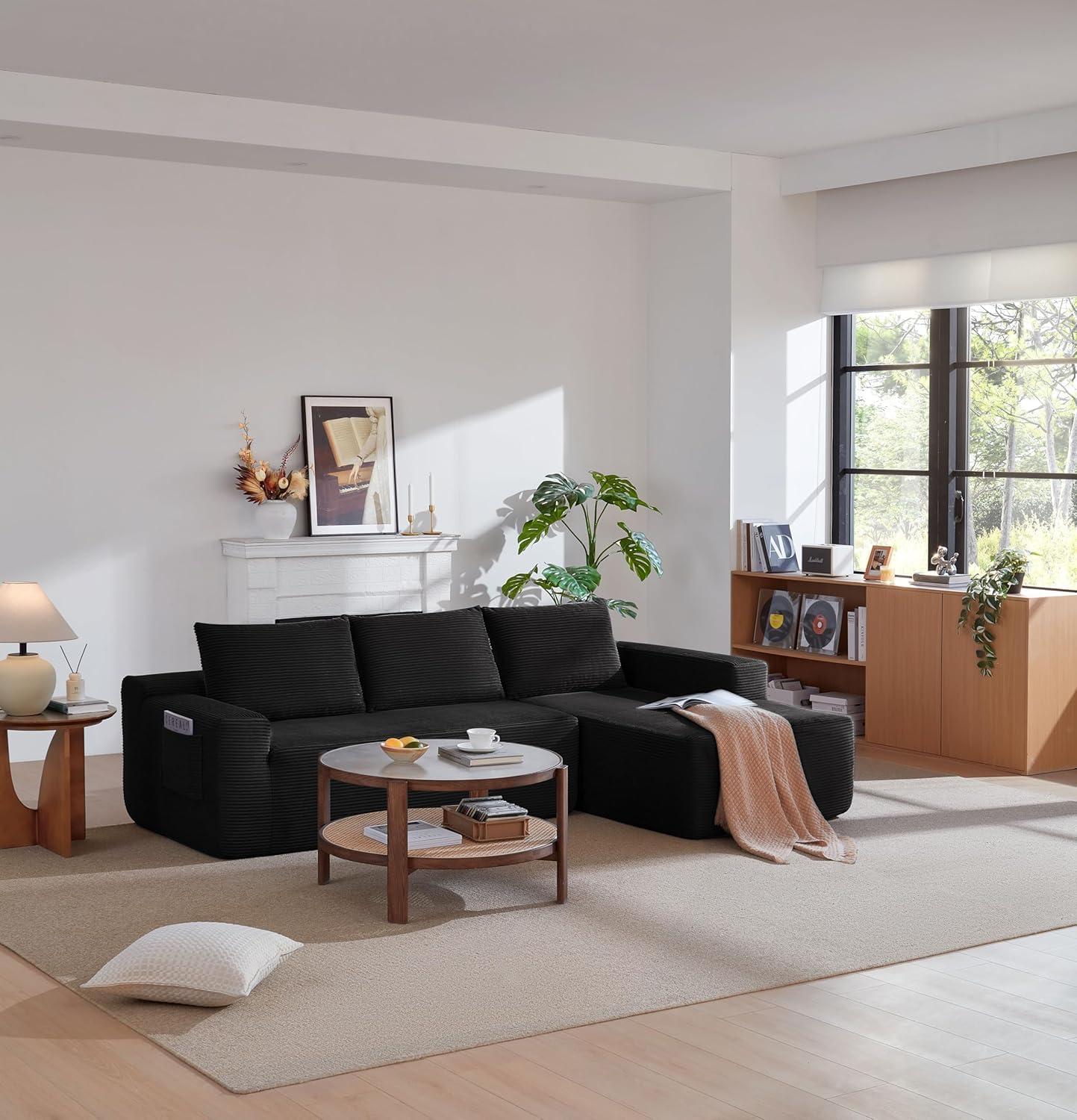 97' Cloud Couch Sectional, L Shaped Boneless Couch Sectional Couches for Living Room, Modern Comfy Corduroy Fluffy Modular Sofa with Deep Seat, No Assembly (Black, Right Facing Chaise)