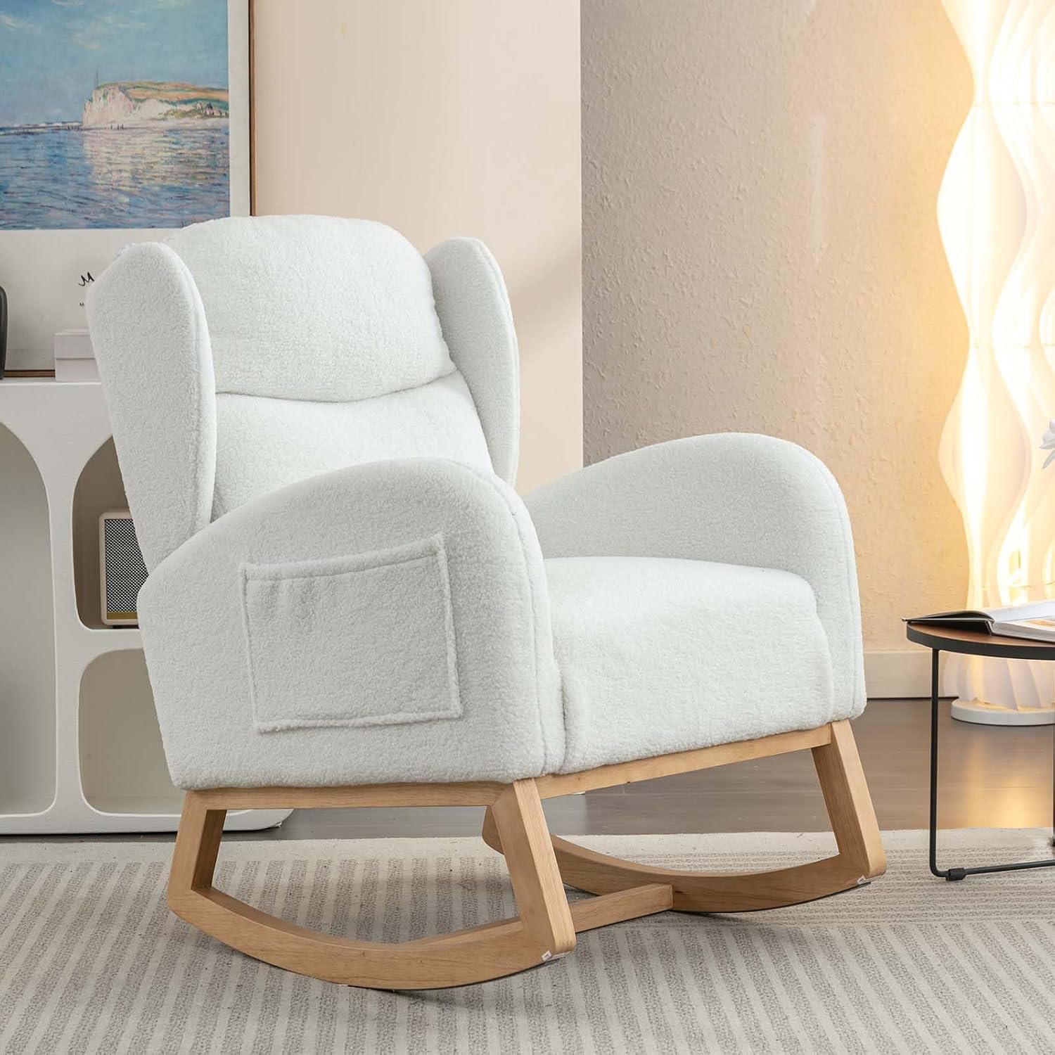 Antetek Rocking Glider Chair for Nursery, Wingback Teddy Upholstered Rocker Chair with High Backrest, Modern Indoor Accent Reading Arm Chair for Living Room, Hotel, Bedroom, Baby Room, Ivory