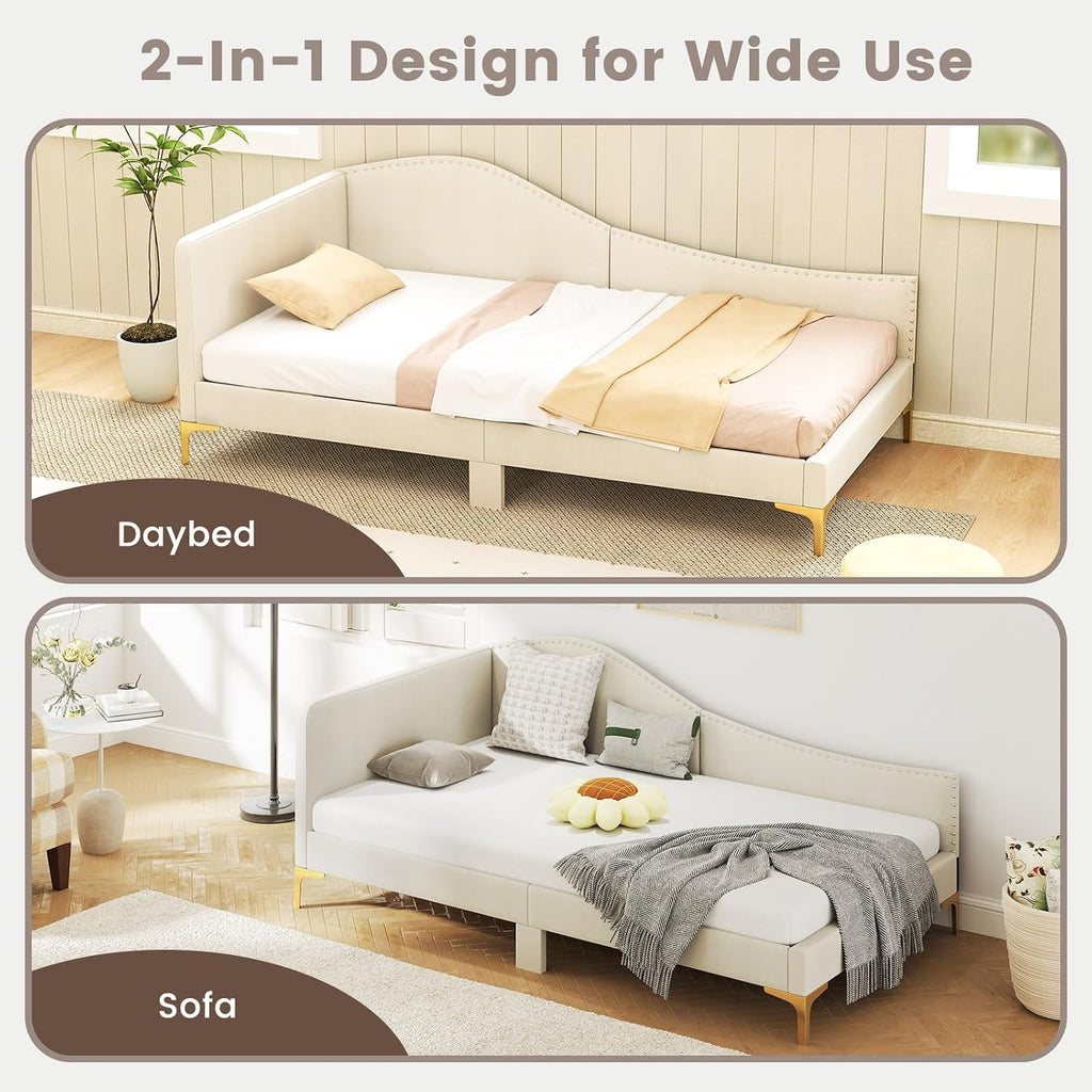 Giantex Twin Size Upholstered Daybed, Rivet-Tufted Platform Bed with Headboard, Metal Legs & Wood Slats, L-Shaped Corner Sofa Bed for Living Room & Guest Room, No Box Spring Needed, Beige