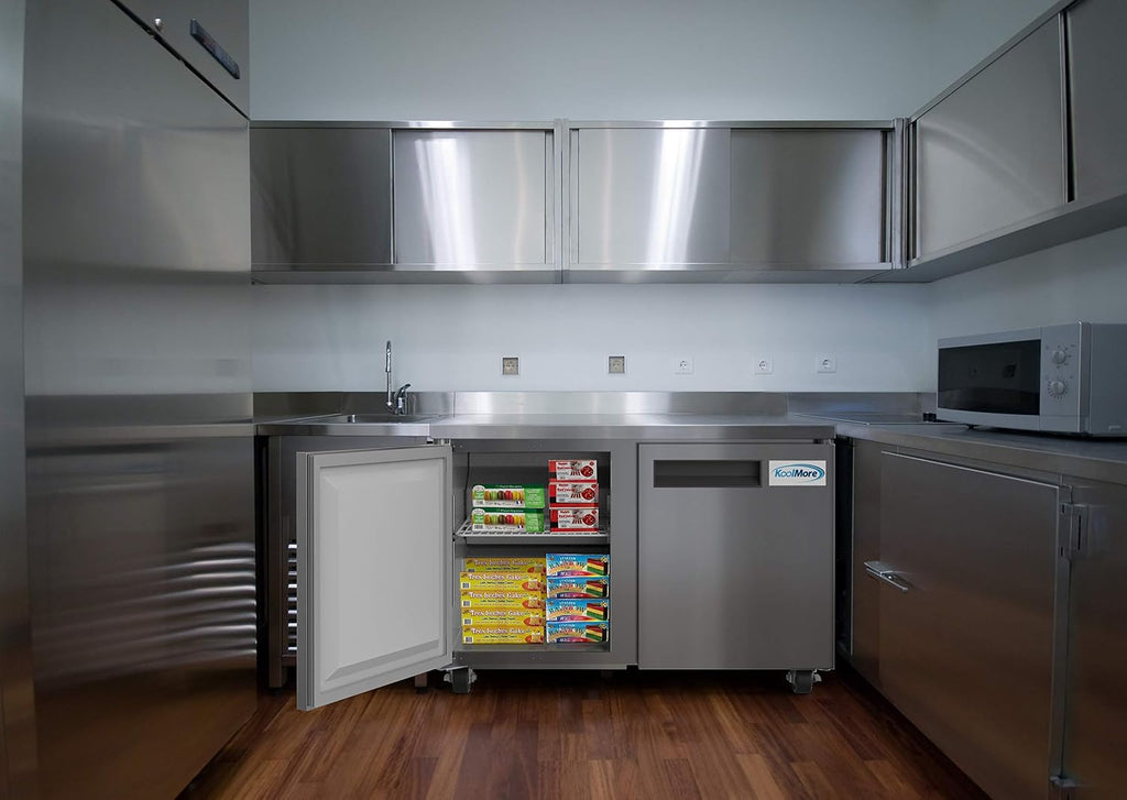 KoolMore 48' Stainless Steel 2 Door Worktop Commercial Freezer with 3 1/2 Backsplash - 12 cu.ft