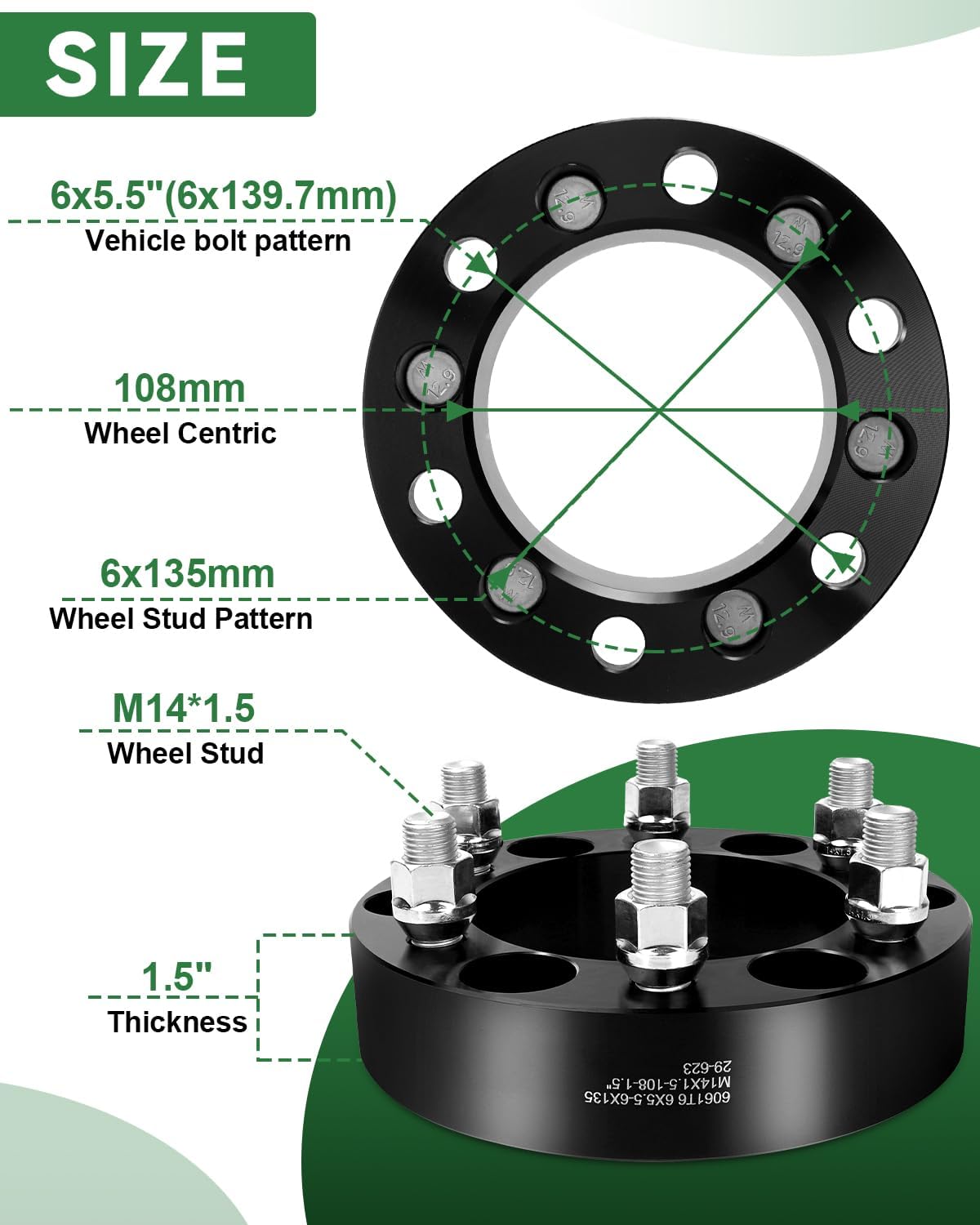 6x5.5 to 6x135 Wheel Spacers for Silverado Tahoe Suburban Yukon Sierra, 1.5 Inch 6x139.7 to 6x135 Wheel Adapters 108mm Center core with M14x1.5 Studs