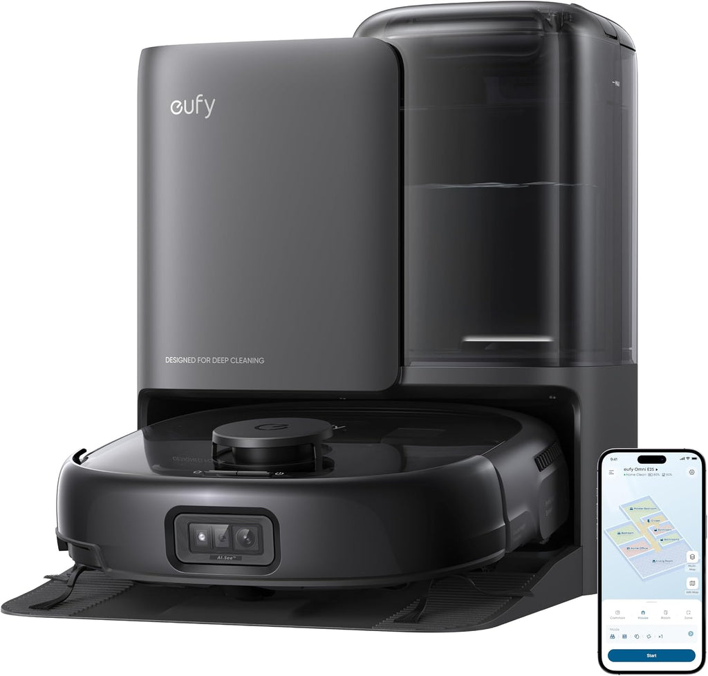 eufy E25 Omni Robot Vacuum and Mop Combo, HydroJet System, 20,000 Pa Turbo Suction,Zero-Tangling, Corner to Edge Deep Cleaning, with auto All-in-One Station（renewed- Acceptable）