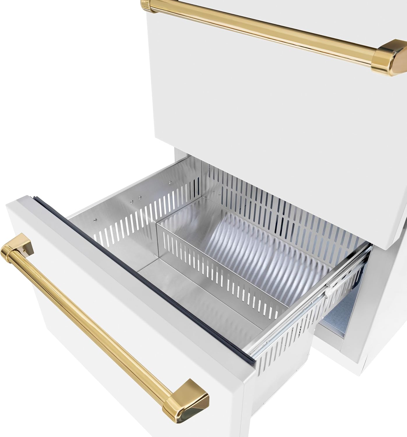 ZLINE Autograph Edition 24 in. Touchstone 168 Can Outdoor-Rated Dual Refrigerator Drawer with White Matte Doors and Polished Gold Handles (RDSOZ-WM-24-G)