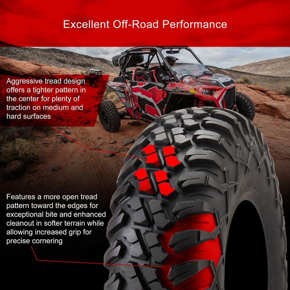 Tusk Racing Four 28x10-14 Tusk TERRABITE 8-Ply Radial UTV Tires mounted on Tusk CASCADE Wheels - For POLARIS applications - 4/156 bolt pattern - Includes Lug Nuts (5+2 Wheel Offset, Machined/Black)