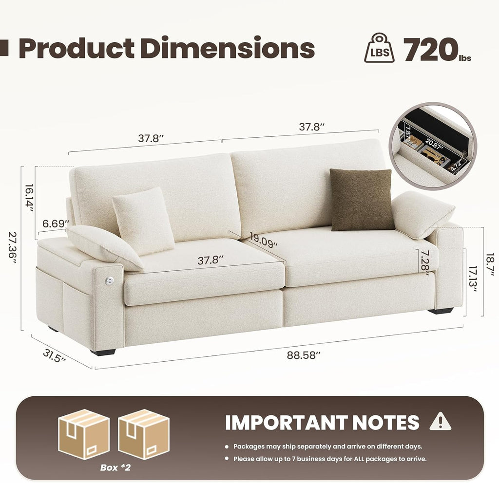 MALOL 89' Loveseat Sofa, Cloud Foam Couch, 3 Seater Upholstered Midcentury Mondern Love Seat with USB Type C Ports, 4 Pillows and Storage Armrest for Living Room/Small Spaces, Beige