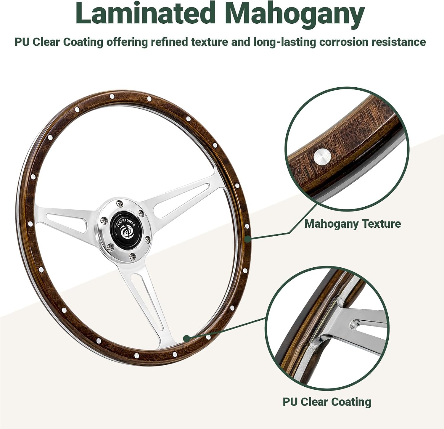 13'' Classic Riveted Laminated wood steering wheel