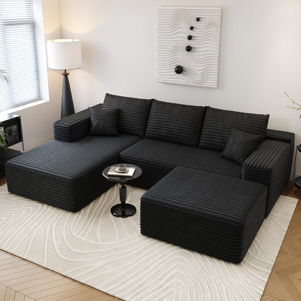 107.5' Cloud Sectional Couch with 1 Ottoman,Modern Modular Sofa with Deep Seat, Comfort U Shaped Sofa Couches for Living Room Bedroom Apartments,No Assembly Required, (Black,Left Facing Chaise)
