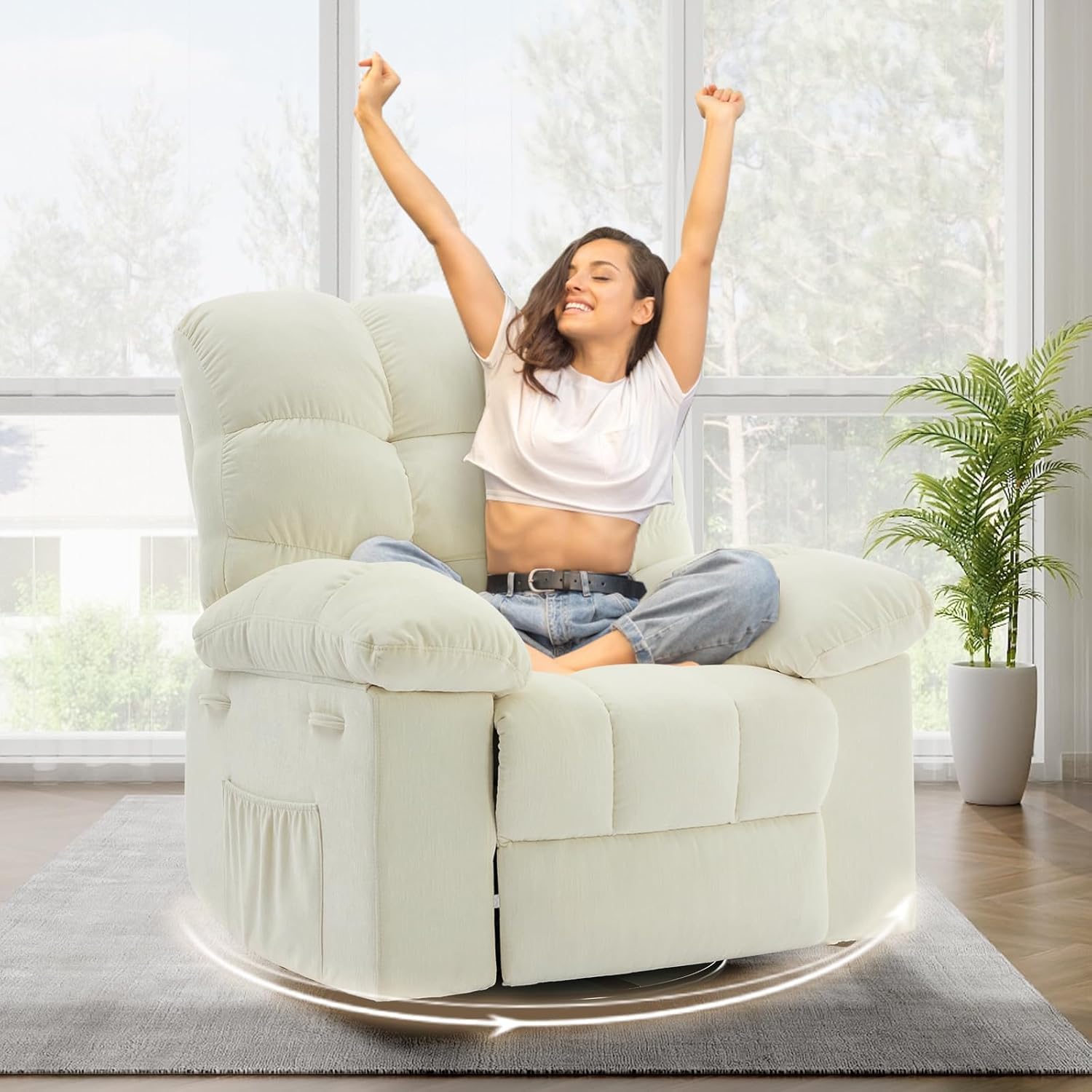 Oversized Swivel Rocker Recliner Chair for Adult,360° Swivel Rock Recliner, Extra Wide Manual Recliners, Chenille Upholstery Overstuffed Soft Rocking Sofa Chair,Beige