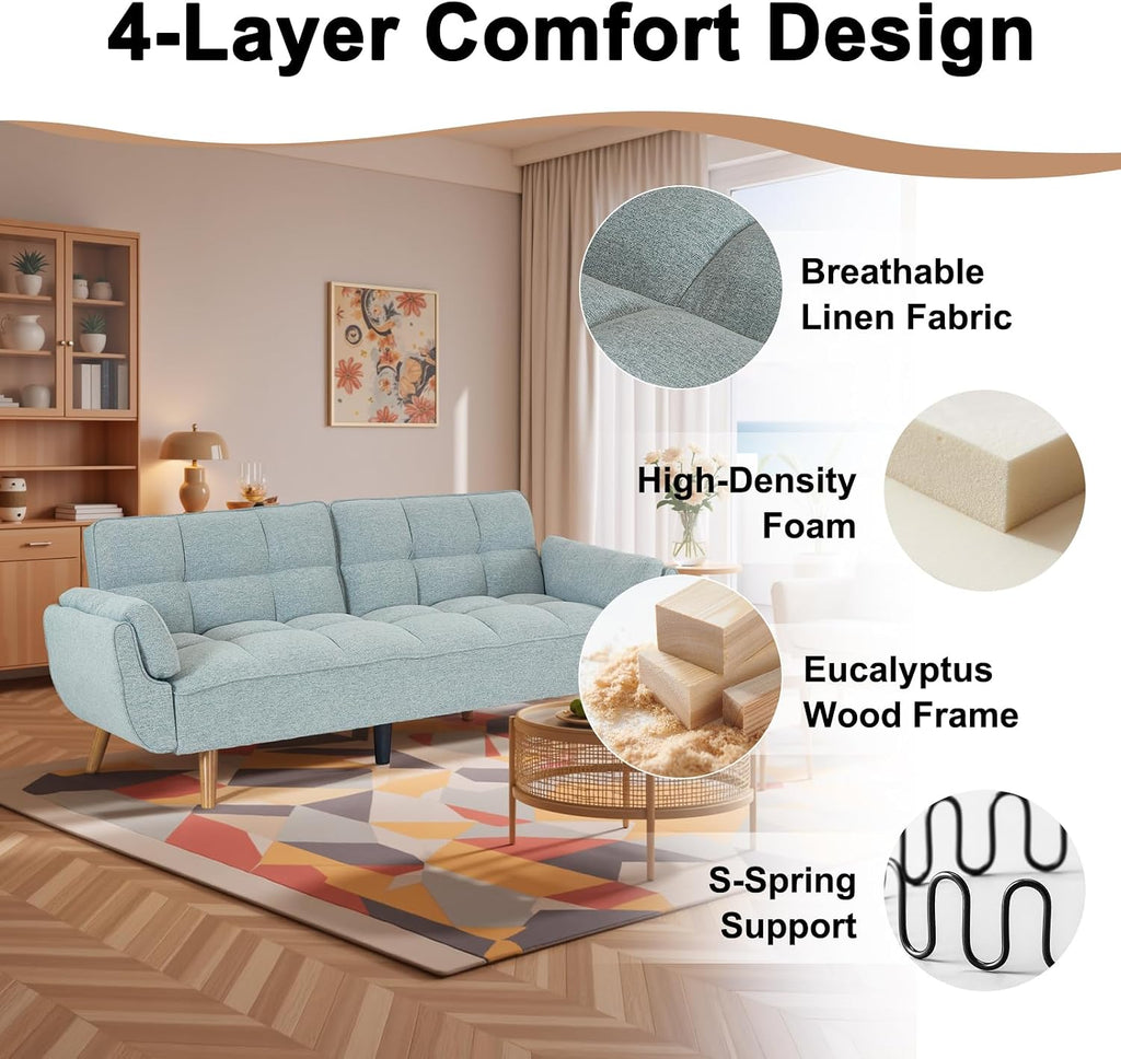 73.9' Futon Couch Bed for Office& Apartment, Convertible Futon Sofa Bed, Comfy Love Seat Sleeper with Adjustable Backrest, Small Couches for Small Spaces, Living Room, Bedroom (Light Grey)