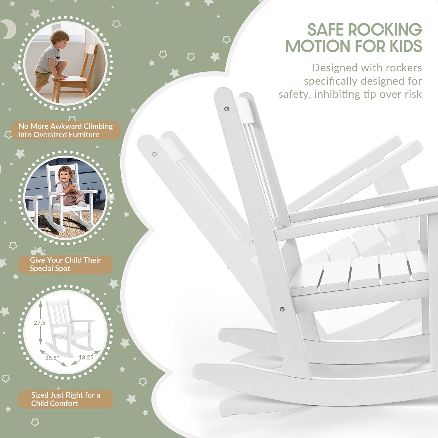 WestinTrends Malibu 3-Piece Kids Outdoor Rocking Chairs Set with Kids Square Side Table, White