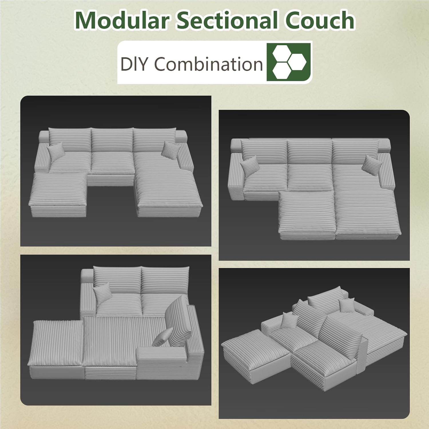 107' Cloud Couch Modular Sectional Sofa for Living Room, U-Shape Boneless Couch with Deep Seat, Modern Corduroy 3-Seater with Ottoman, No Assembly Required (Camel,Right-Facing Chaise)