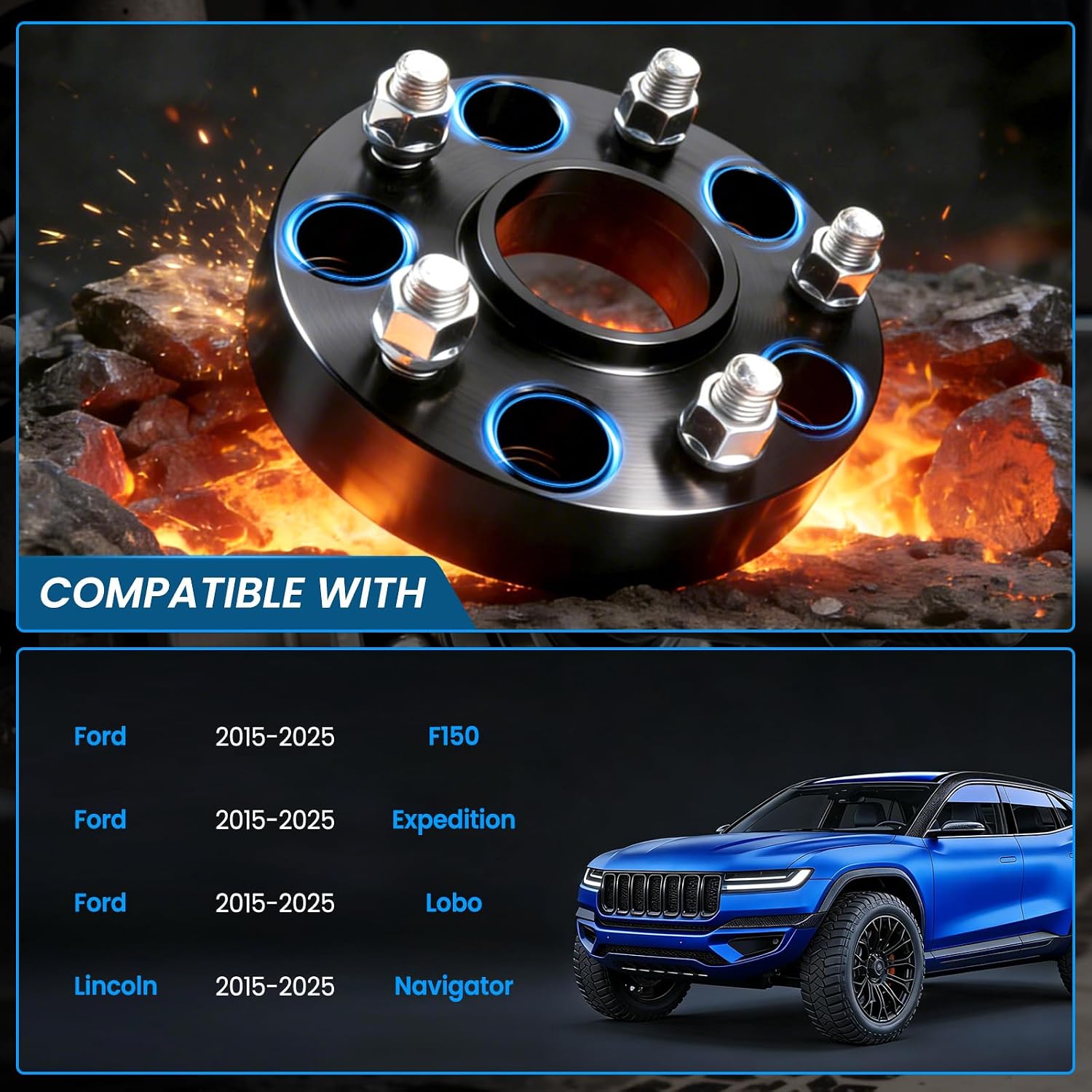 6x135 Wheel Spacers Hubcentric Real Forged Spacers Center Bore 87.1mm M14x1.5 Studs for 2015–2025 F-150, 1.5'(38.1mm) 2015–2025 Expedition, 2015–2025 Navigator/Lobo for 6 Lug Set of 4 Black