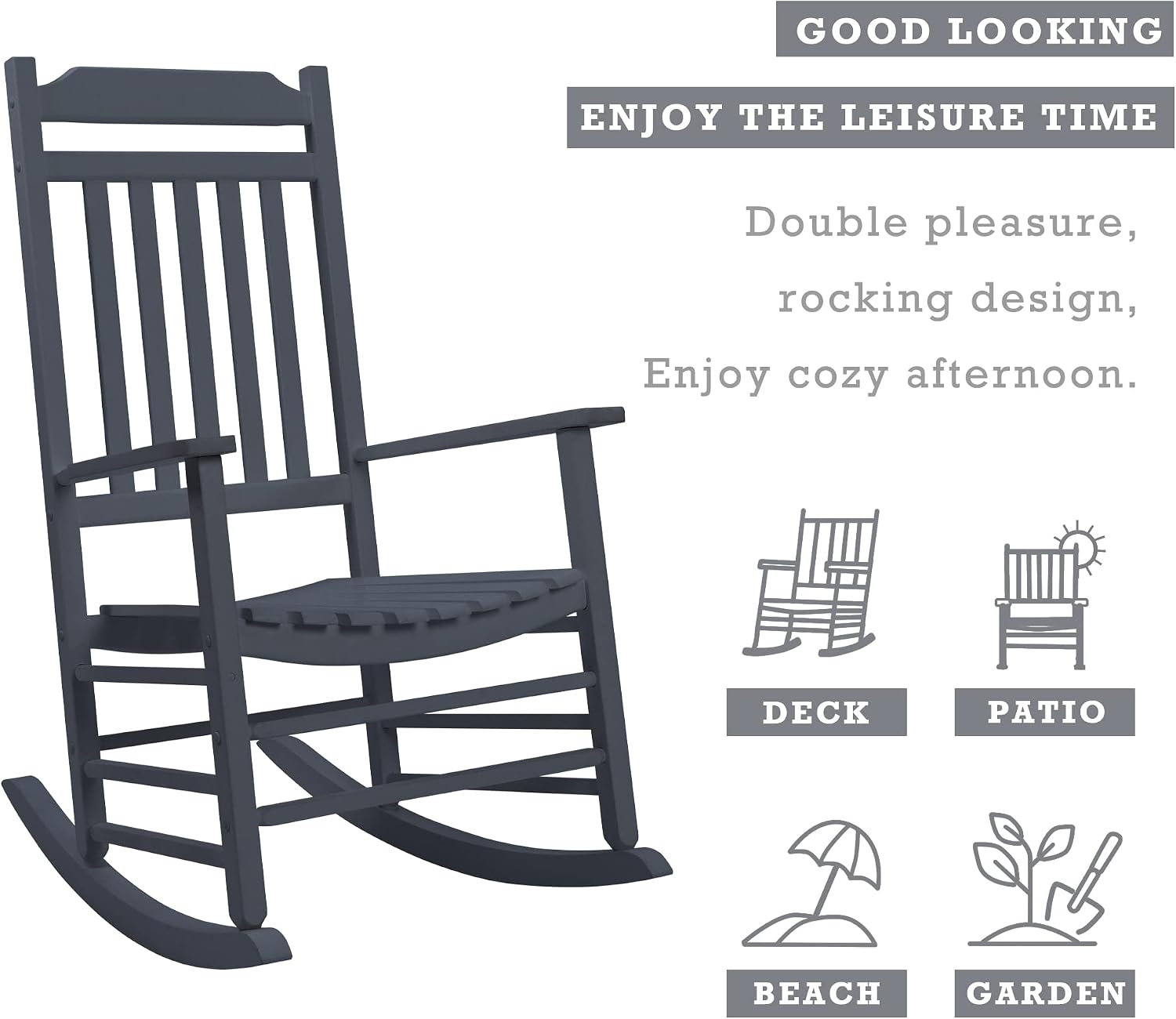 Kozyard Wooden Rocking Chair, Solid Wood Outdoor Rocker Chair with High Back & Slatted Seat, Ergonomic Porch Rocking Chair for Patio, Balcony, Garden, Indoor Outdoor Use (Gray)