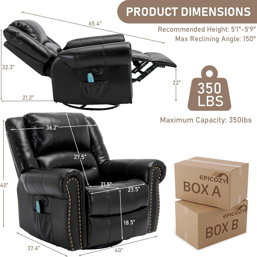 Manual Massage Swivel Rocker Recliner with Heat and Vibration, 360° Swivel Glider Rocking Recliner Chair, Classic Living Room Lounge Recliners with Side Pockets & USB Ports, Black